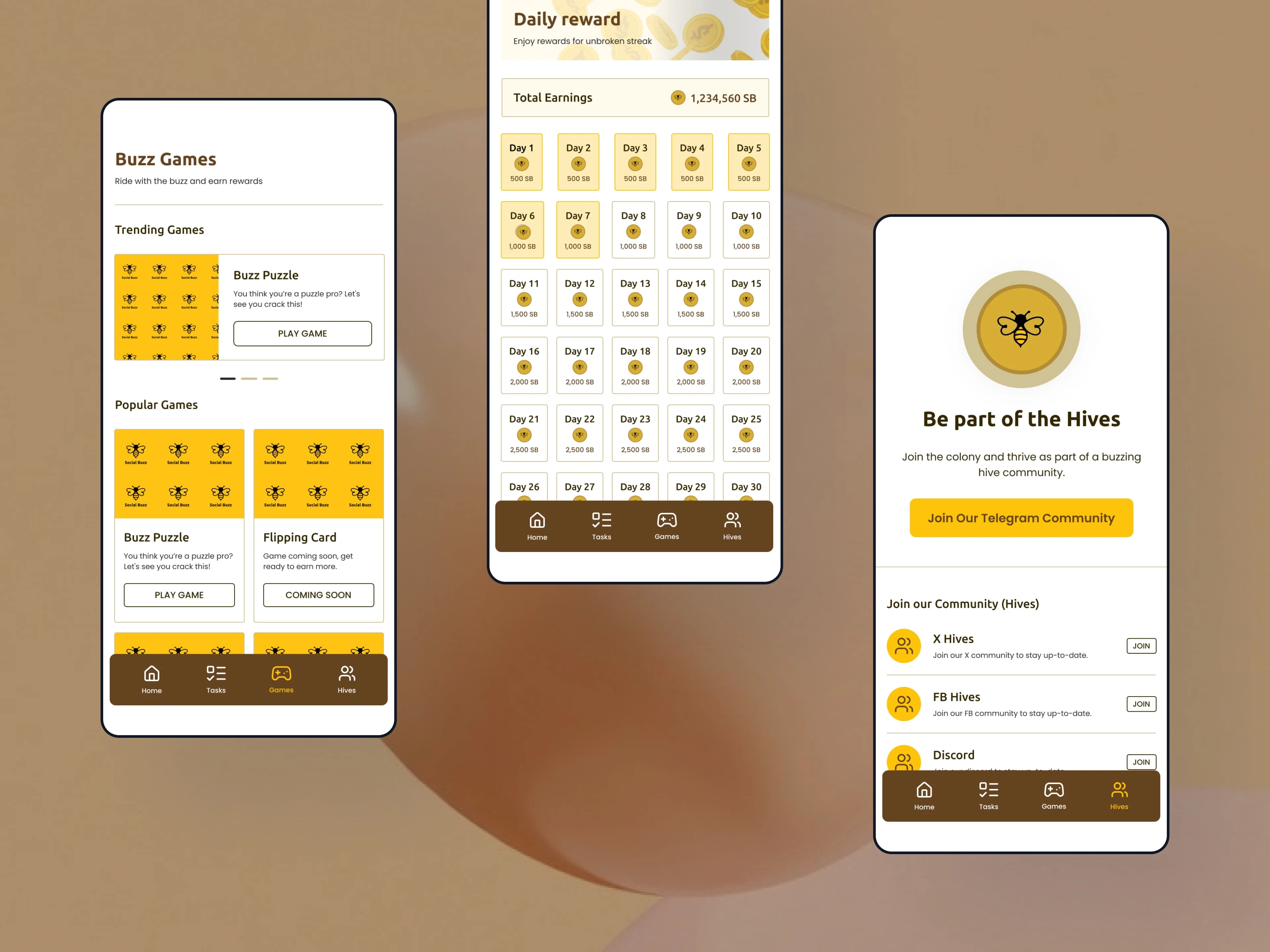 Game, Daily Rewards & Hive Tasks Screen - Light Mode