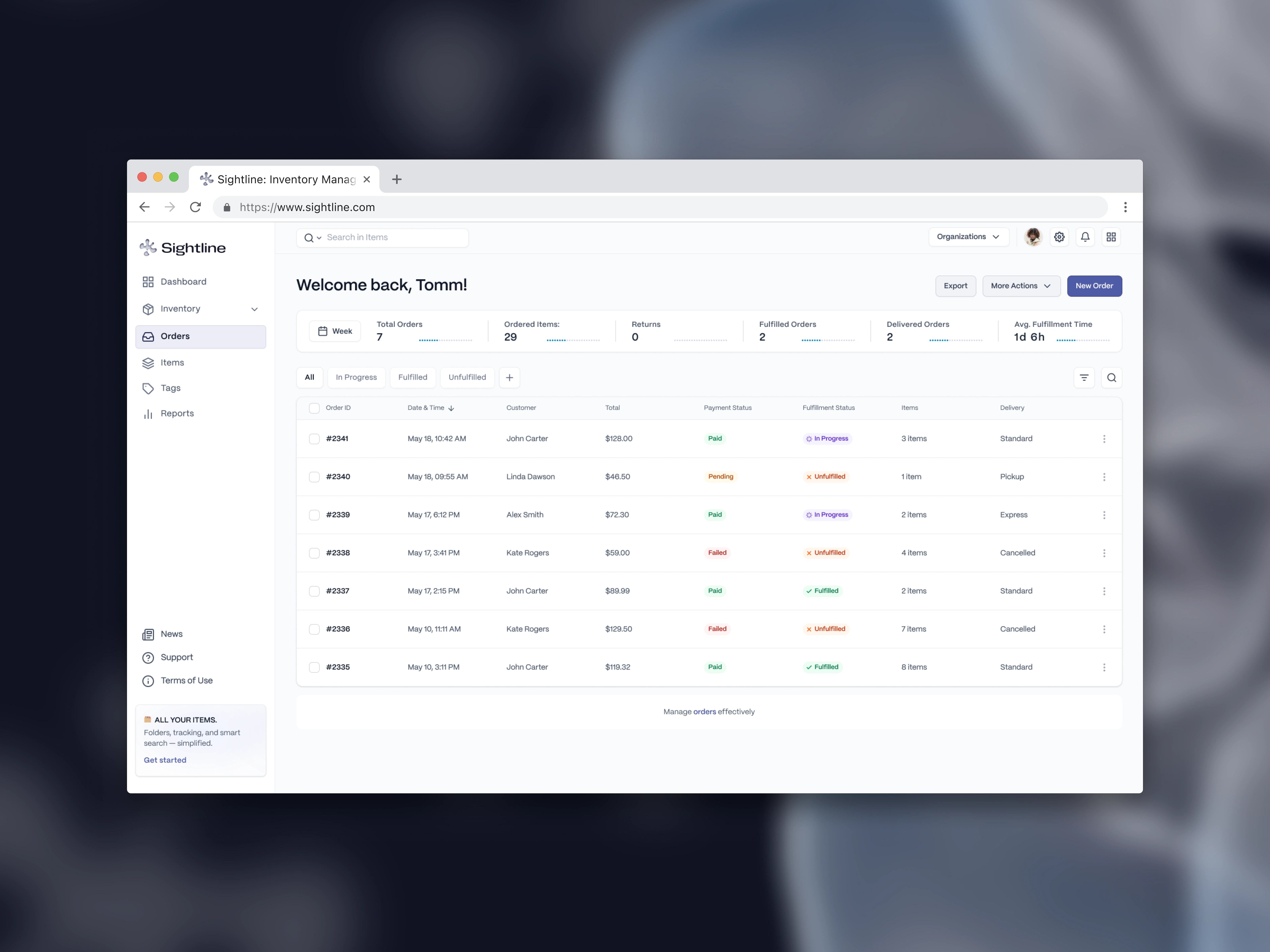 📋 Orders Table/📈 Statistics & Progress Bars
A structured table layout for tracking orders by status, customer, and fulfillment progress — inspired by proven patterns from Shopify and modern B2B systems.
Interactive dashboard blocks with visual indicators showing fulfillment rates, delivery progress, and payment statuses — at a glance.
