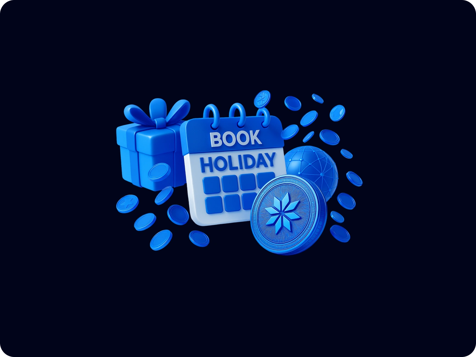 The "Book Holiday" tag, coins, and gift elements make it clear: selecting and paying for your trip on HolidayChain is a seamless, exciting experience, ready to reward you from the first step.