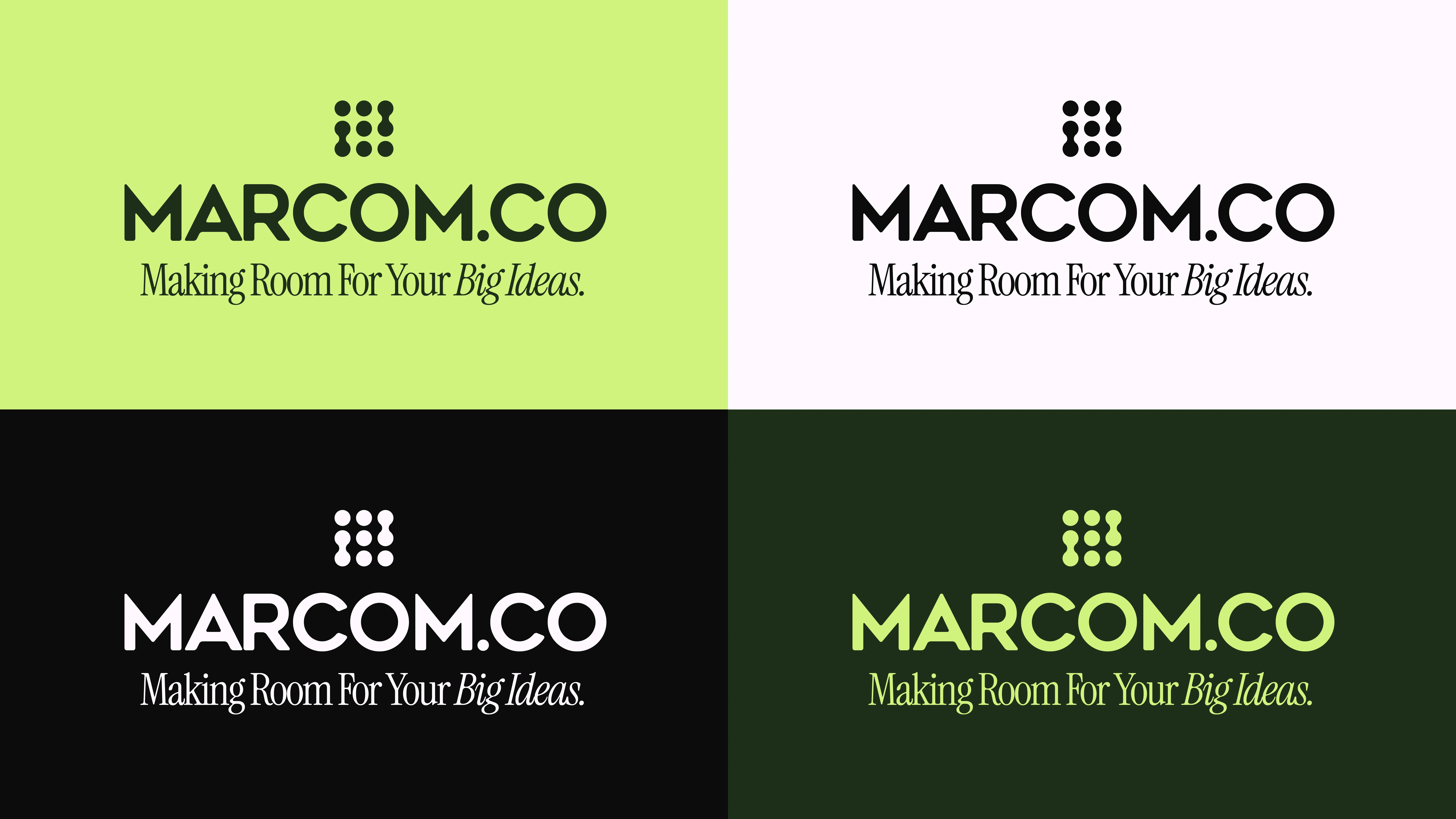 The Marcom.co wordmark is simple and bold. Its geometric construction creates balance and presence, without shouting. Designed to showcase confidence, professionalism while still being open and inviting - it also is crafted to scale across platforms, it’s equally at home on a business card, website landing page or a billboard.​​​​​​​