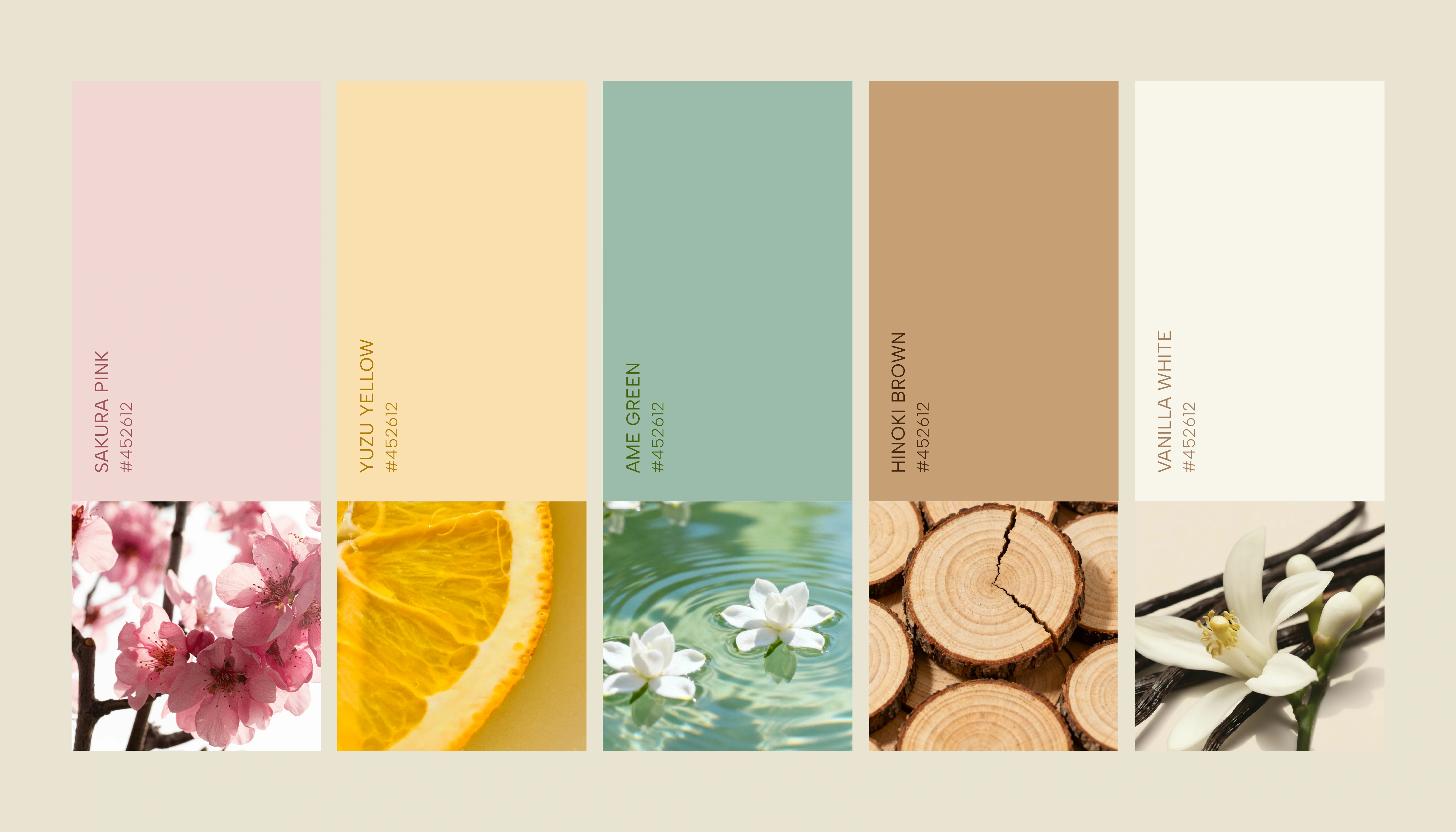 Scent of Koi brand color palette featuring Sakura Pink, Yuzu Yellow, Ame Green, Hinoki Brown,