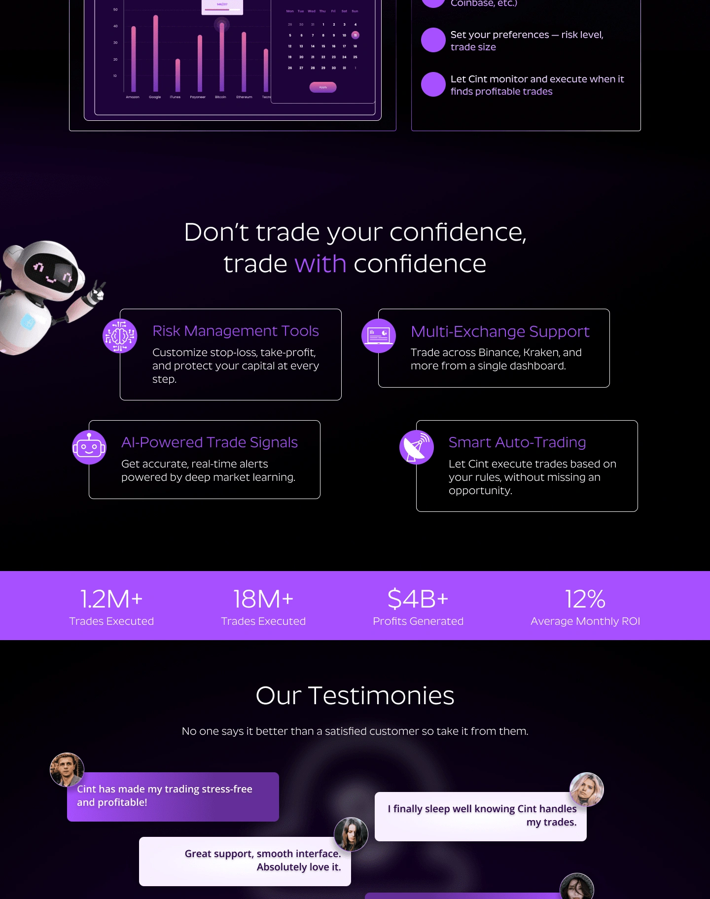 CoinBase Trading Website Landing Page Design, Features section, Testimonial section