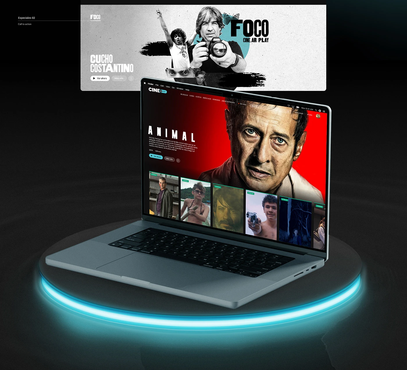 High-Fidelity Desktop Mockup: Final visual representation of the CineAr Play platform optimized for the laptop/desktop viewing experience.
