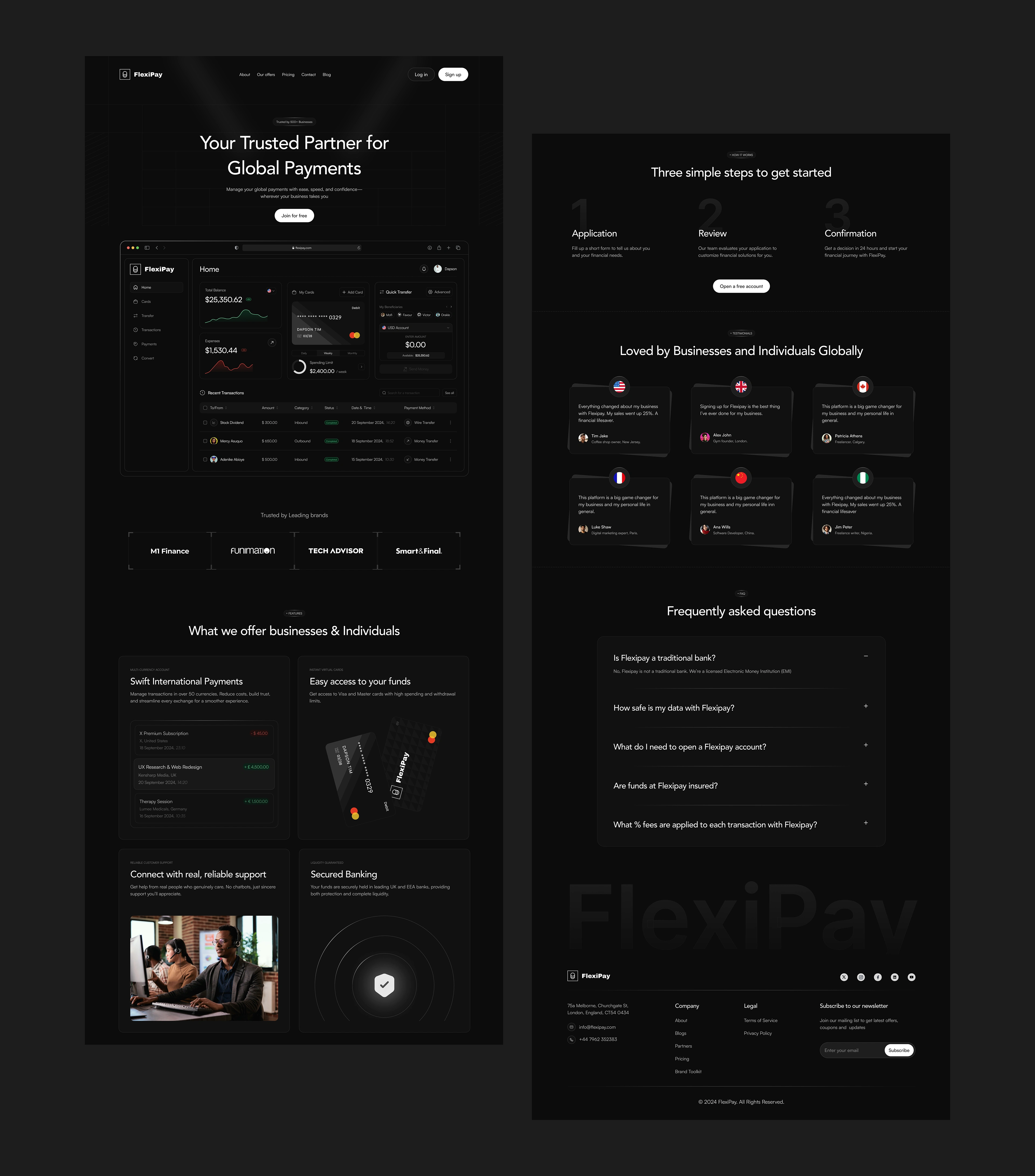 Dark-themed landing page for a global payment solution product called FlexiPay. Built using the client-first framework, very responsive across all devices & has a consistent user experience.