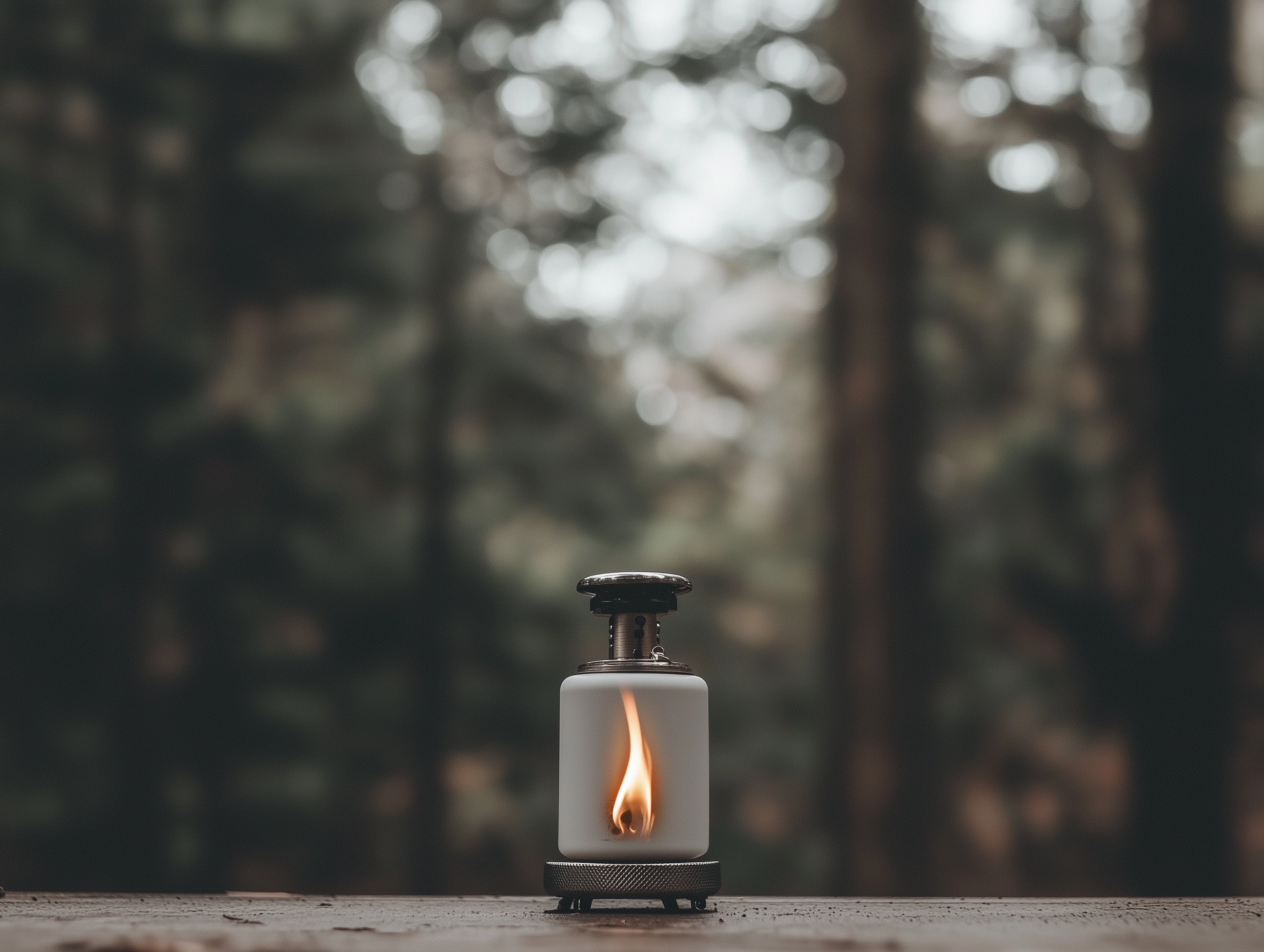 Eye-catching compact camping stove in action optimized for TikTok engagement. Hidden Forest colors with scroll-stopping flame visual against forest backdrop. Vertical composition designed for TikTok with focus on quick setup process. Professional social media photography with strong visual narrative and adventure-inspiring aesthetic. Negative prompt: cluttered composition, weak focal point, confusing message, poor framing for platform, distracting elements, unprofessional quality, generic look