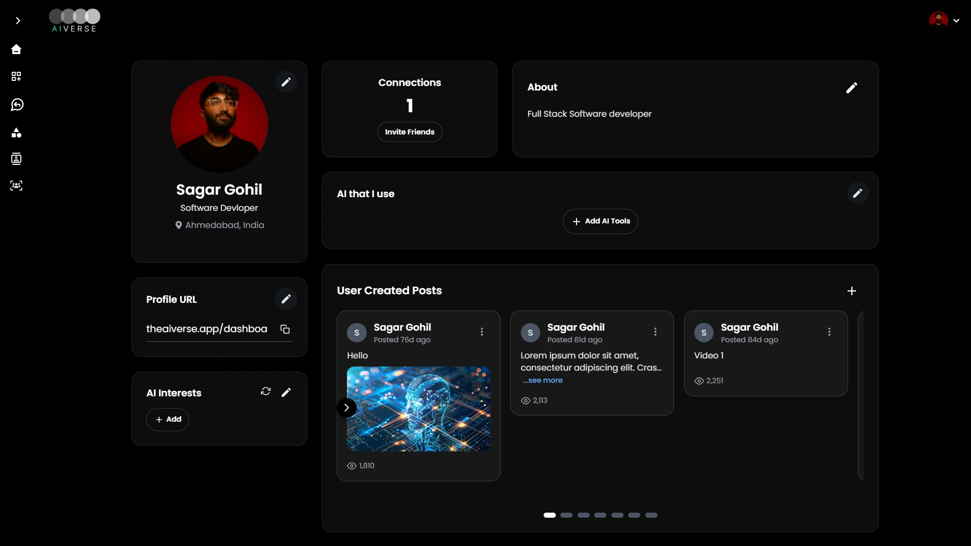 Personal dashboard for creators and AI startups — showcasing published tools, followers, and engagement analytics in a clean, modern UI.