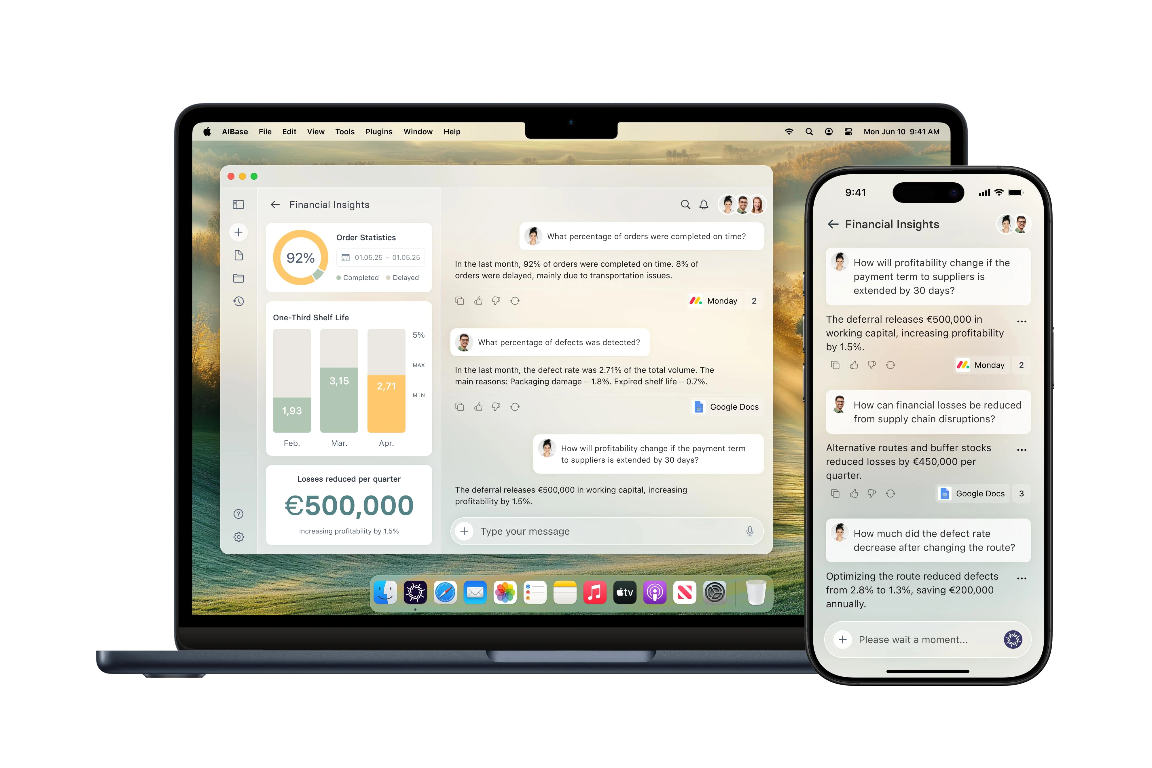 Business metrics dashboard across devices. Shows order stats and financial data, allowing team questions with visual data-driven responses.
