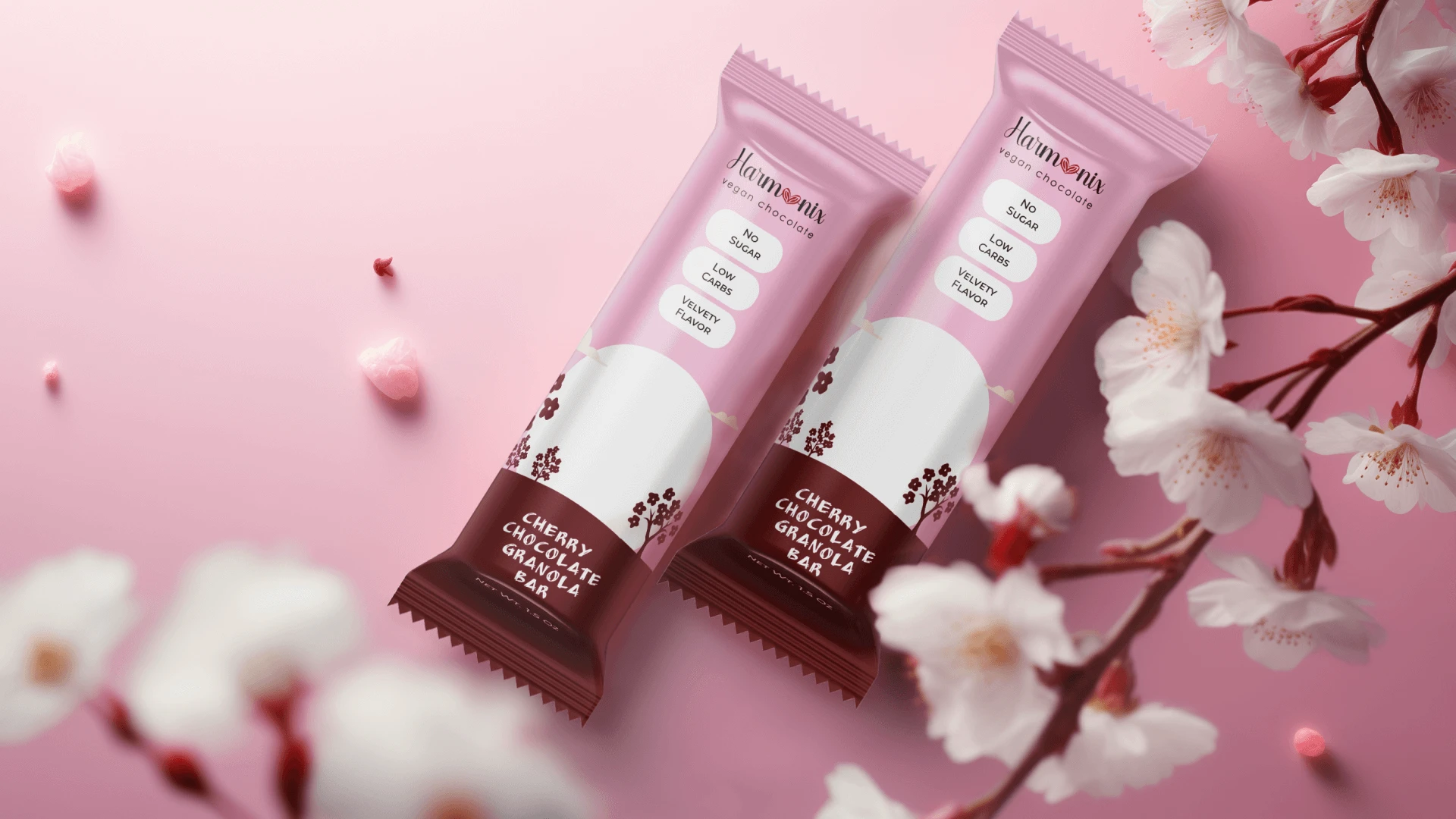 The packaging design for the Harmonix Vegan Cherry Chocolate captures the essence of the sakura blossom season. The soft pink hues and floral motifs reflect the delicate nature of cherry blossoms, symbolizing renewal and the ephemeral beauty of life. This choice of design can evoke a sense of celebration and joy that is often associated with sakura viewings, resonating with the special events and cherished moments that occur during this brief but memorable season.