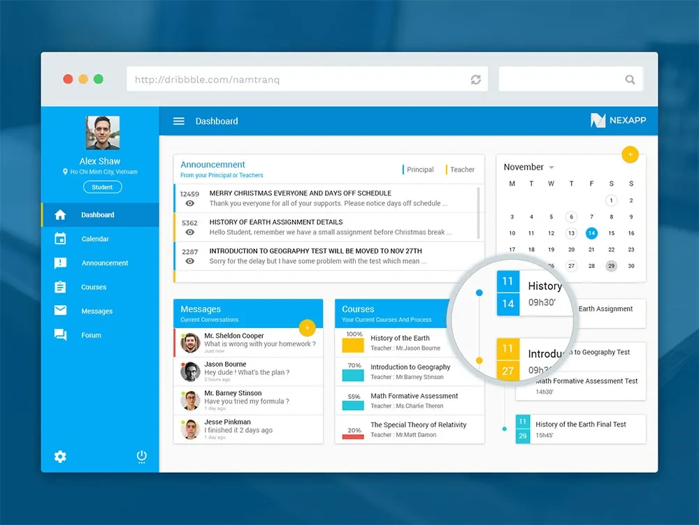 Modern e-learning dashboard interface showing student schedules, messages, and course progress a visual example of how platforms like HNG Learn organize learning experiences and improve engagement through user-friendly technology.