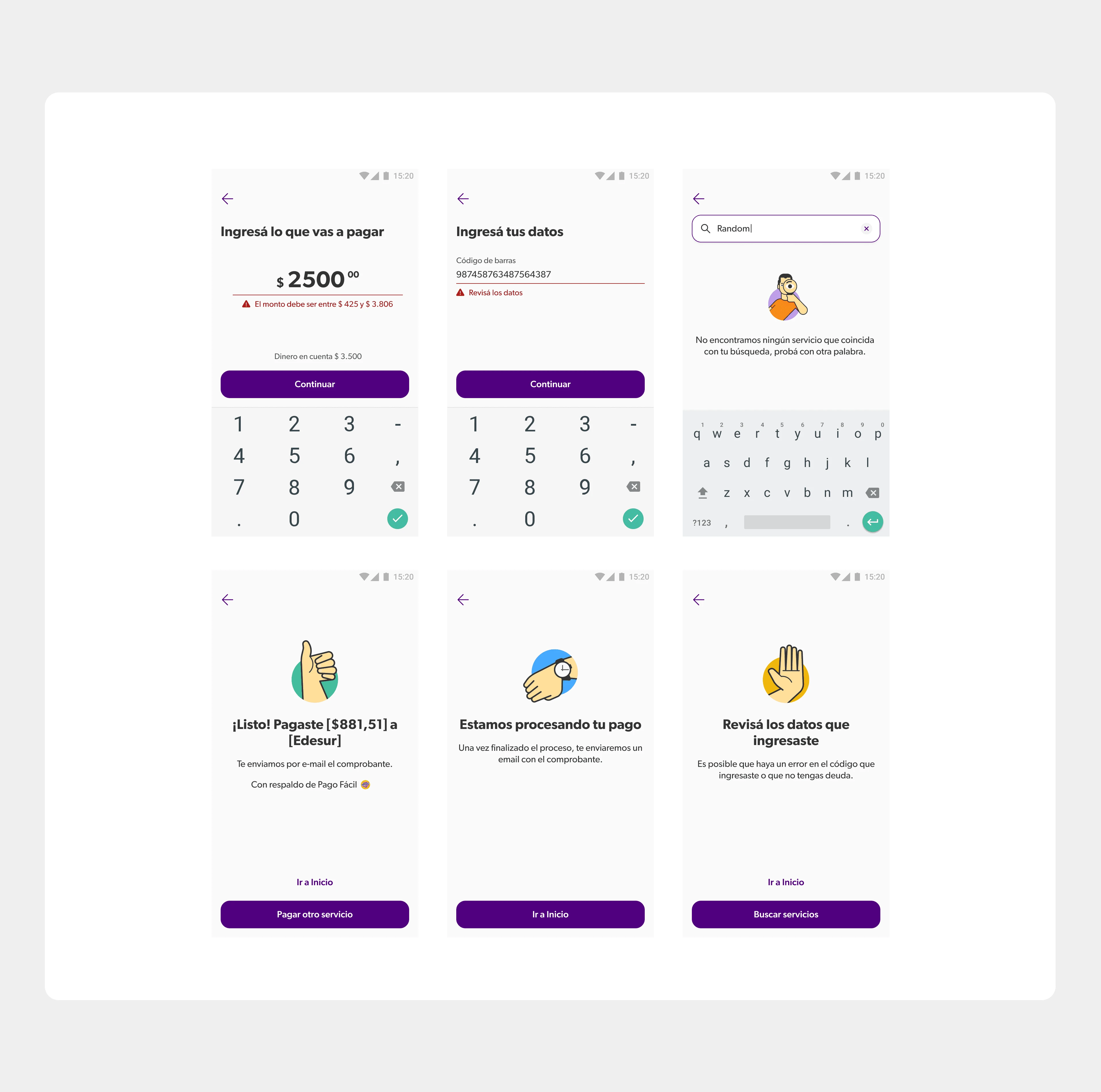 Handling errors with clarity
Some of the screens designed for error states and edge cases. NX relies on friendly illustrations to clearly communicate issues and guide users back on track.