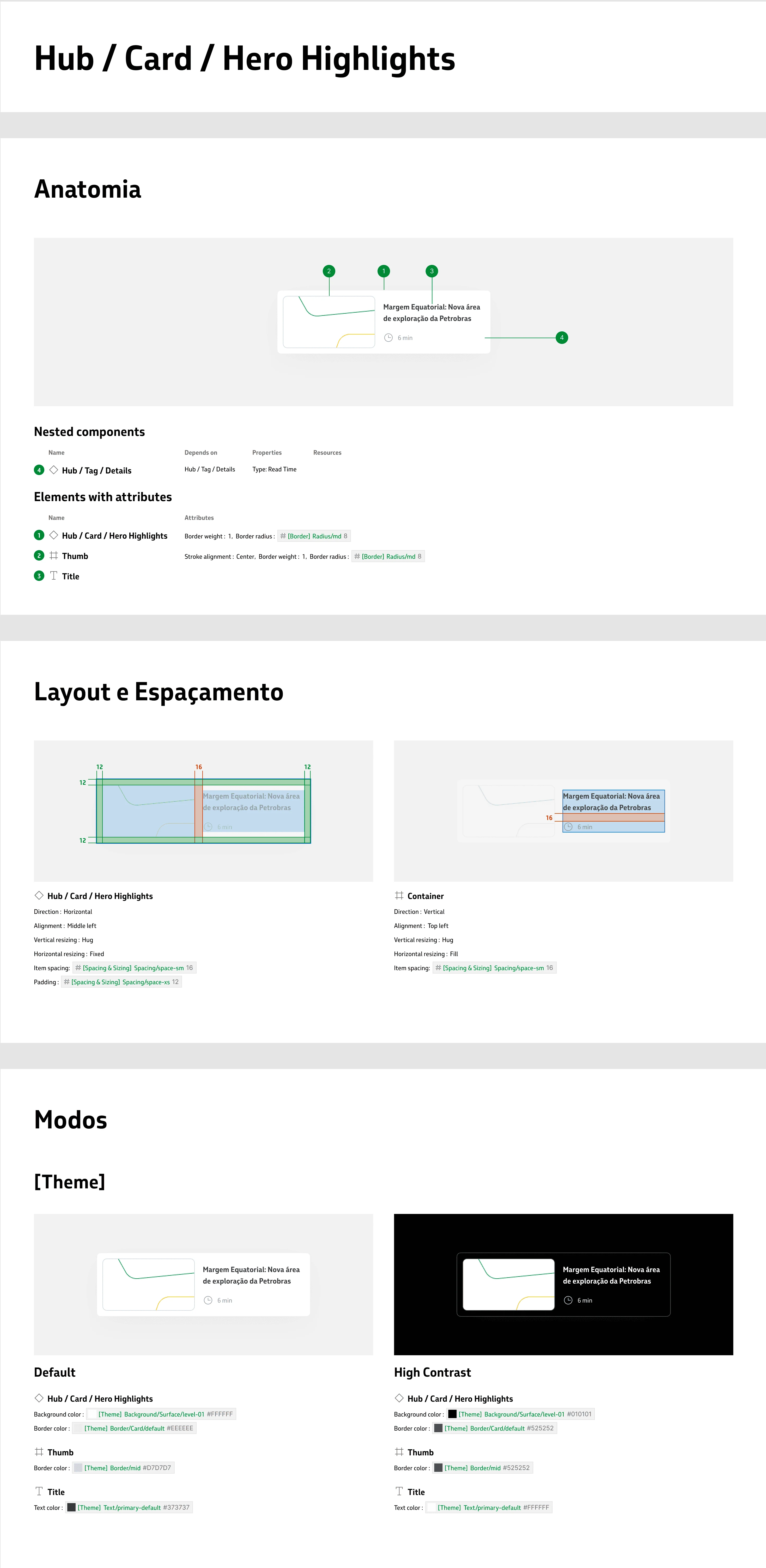 Um exemplo de como foi a documentação dos componentes que foram usados no Hub. Esse componentes integram o Design System da Petrobras desdobrando-o para este cenário do Hub.