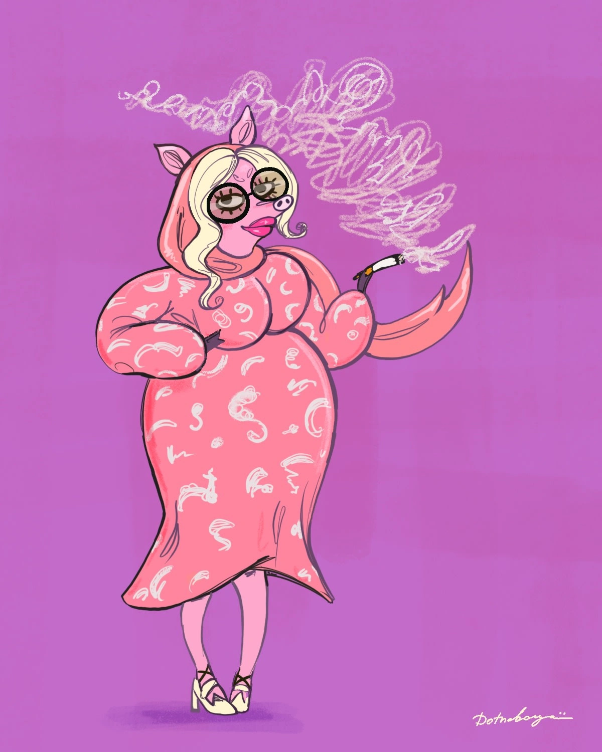 Ms. Pig’s stylish outfit and expressive pose bring a humorous twist to fashion illustration.