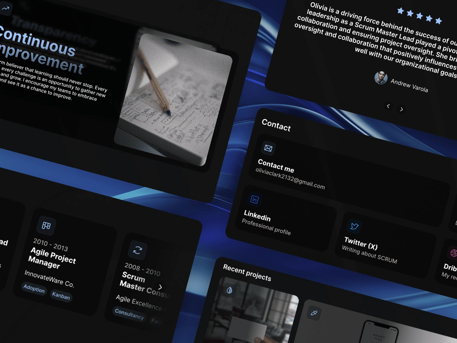Screenshot of various sections from template