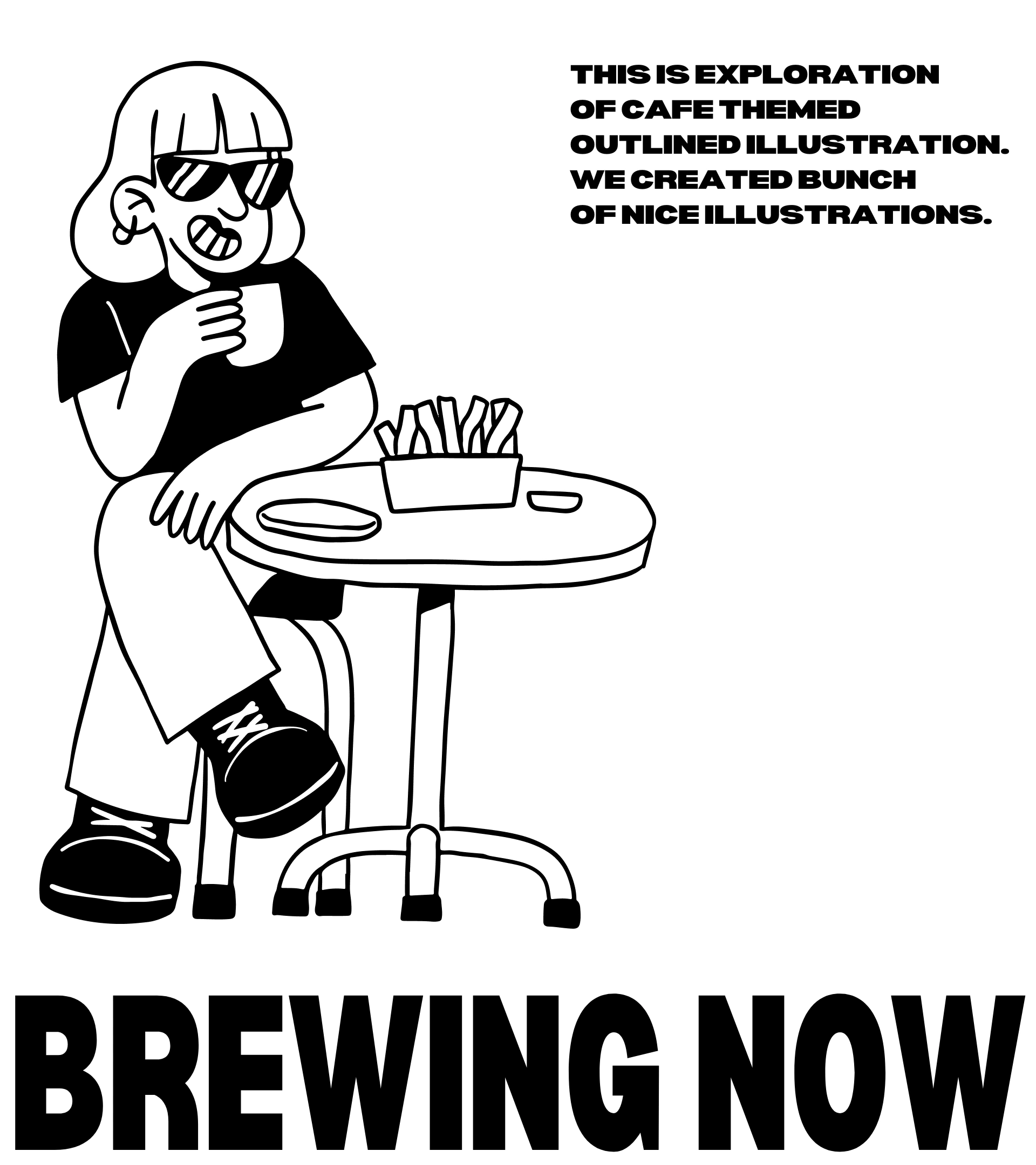 In this project, we developed a series of cafe-themed outline illustrations, each crafted with a hand-drawn aesthetic that aligns with modern minimalistic design. As a creative branding agency, we integrated these illustrations into the overall branding design, including the cafe logo and poster designs, to create a cohesive visual identity. The illustrations capture the cozy, inviting atmosphere of a café, while the hand-drawn feel adds a personal touch, making the brand more approachable. The final design mockup showcases a playful yet modern branding that resonates with the target audience.