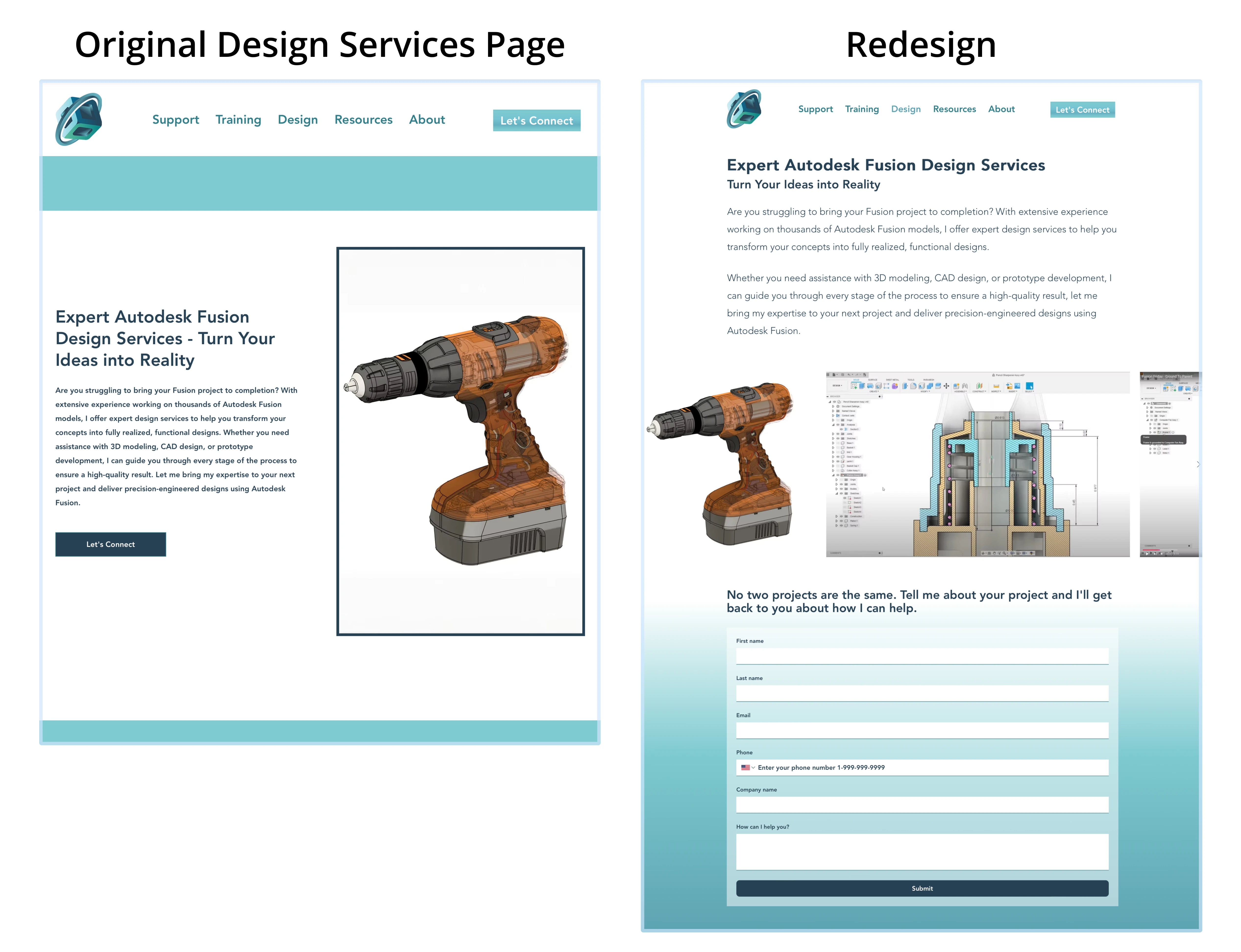 Side by Side Original and Redesign of the Design Services Page