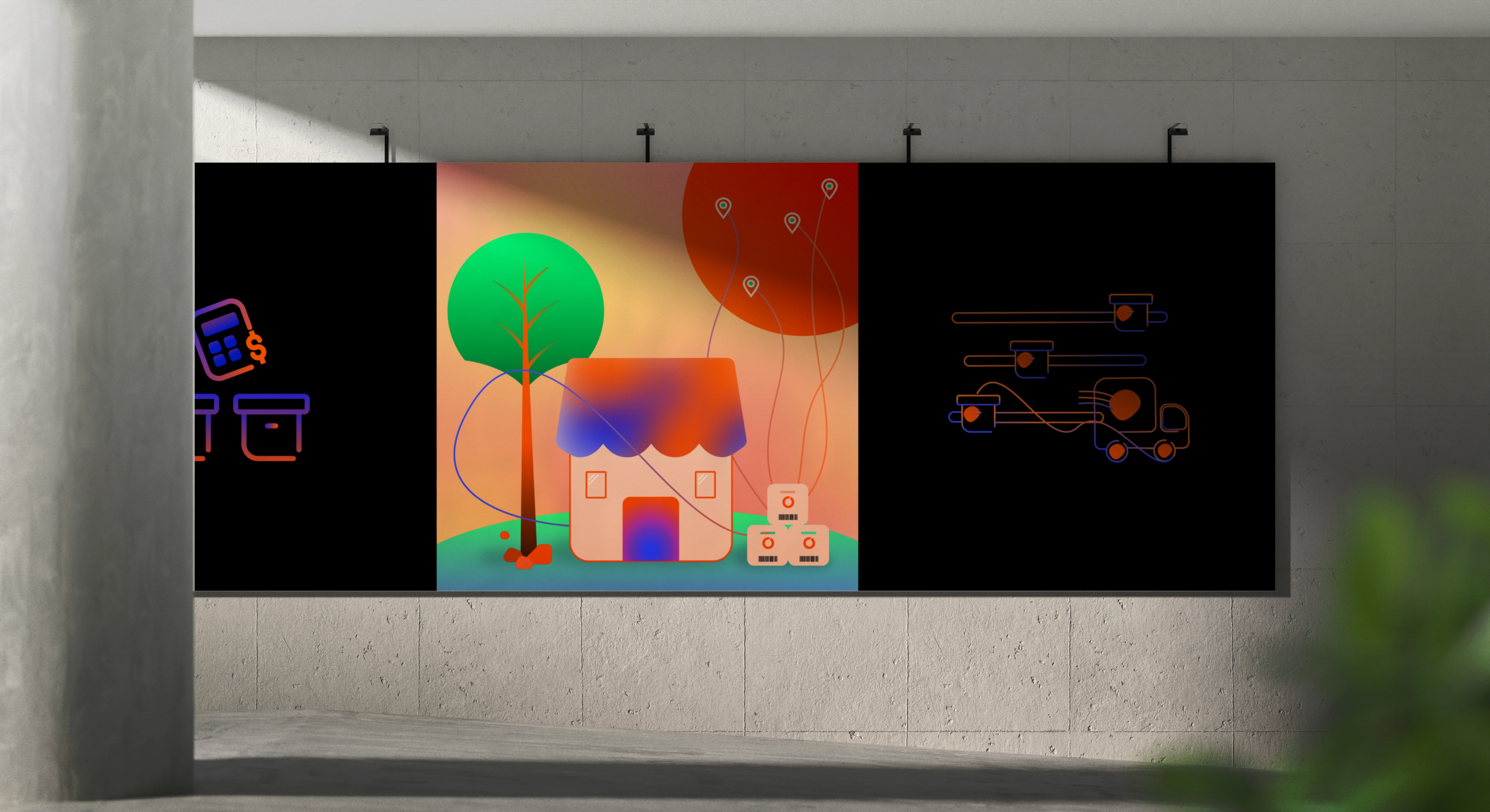 Illustrations scaled for large-format expo displays, highlighting key logistics offerings through gradient storytelling and brand-led visual cues.