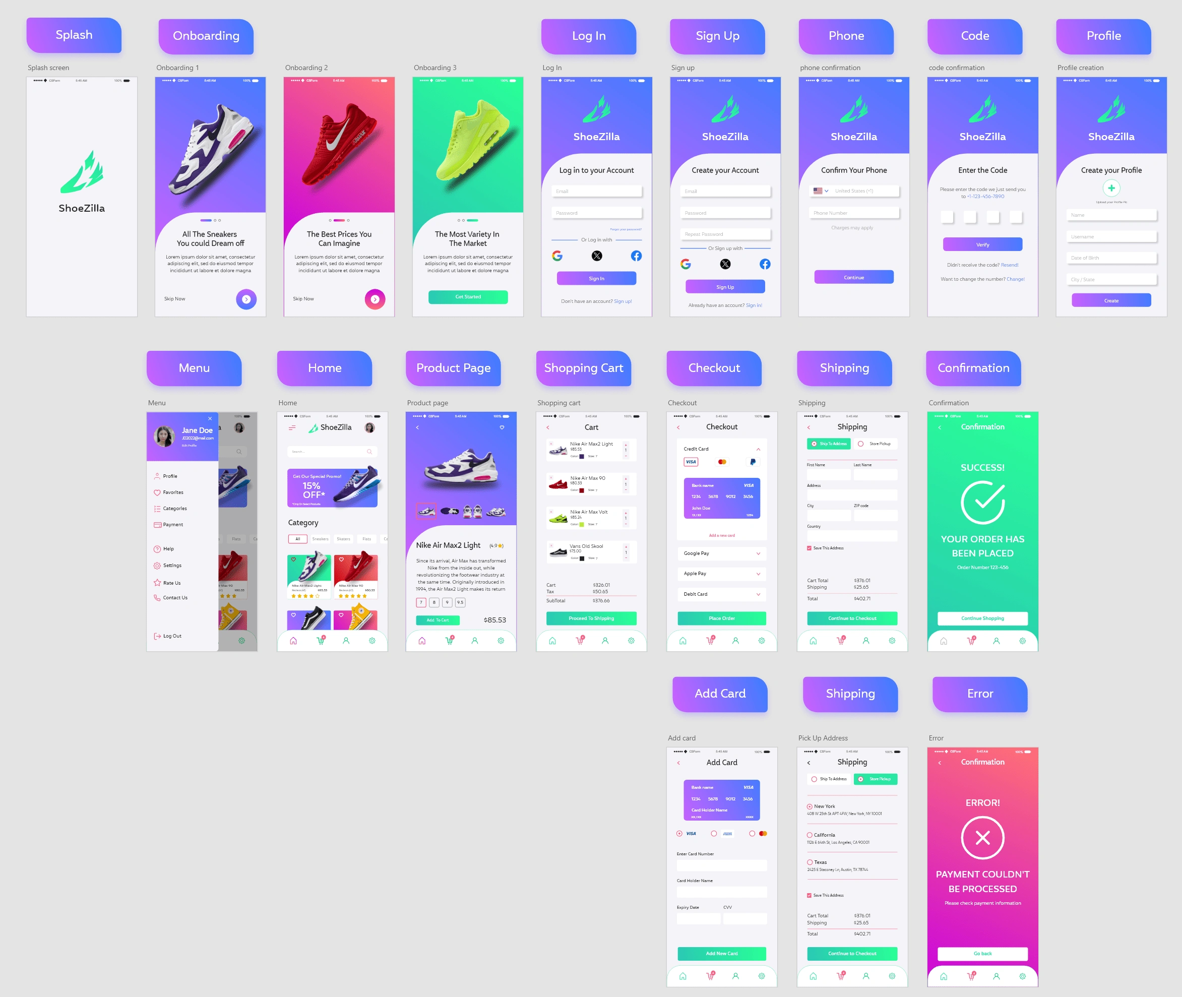 Full overview of the ShoeZilla app screens designed across the user journey