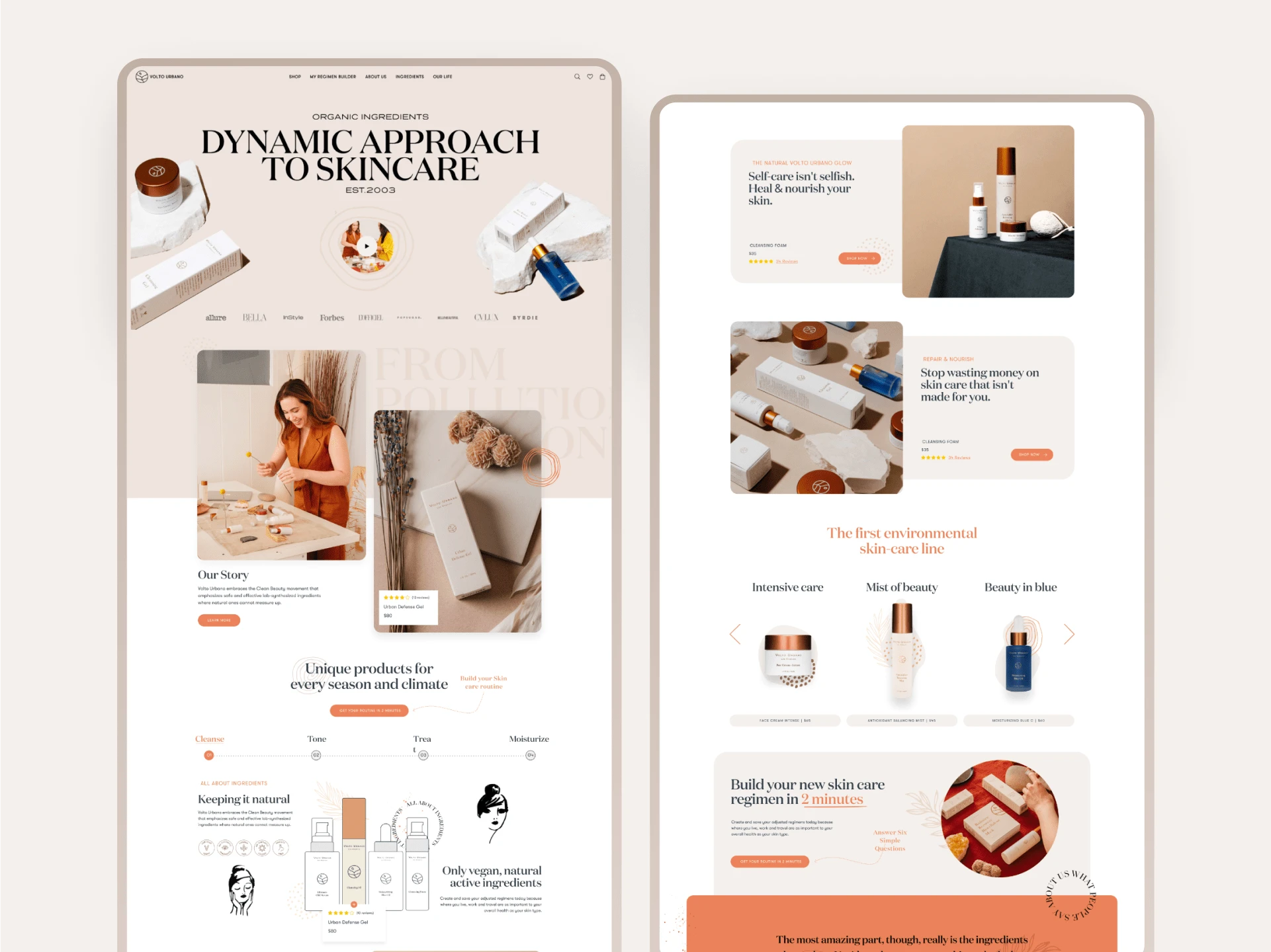 The primary emphasis of the landing page lies in narrating the brand's and the founder's tale, while skillfully showcasing the products and encouraging customers to discover their personalized skincare regimen through interactive questionnare or exploring further details about the ingredients.