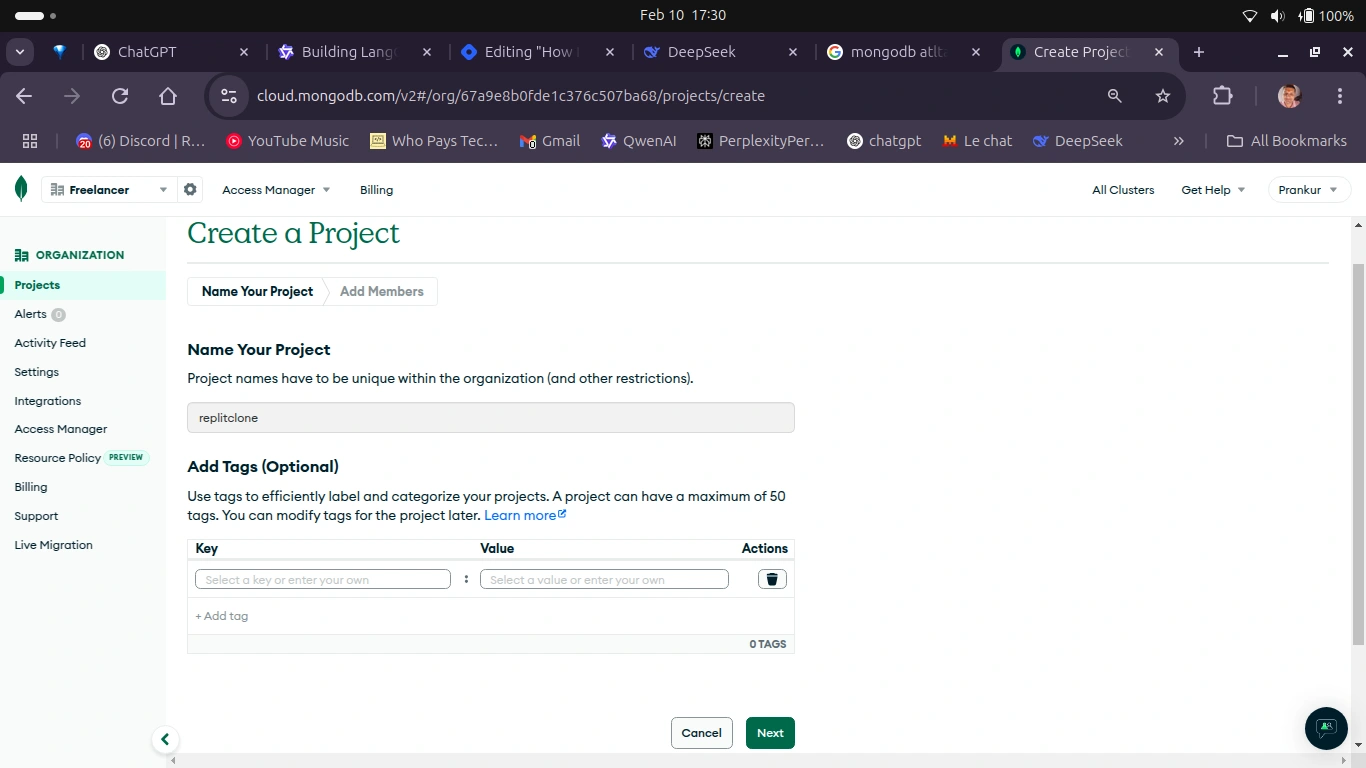 mongodb create project page