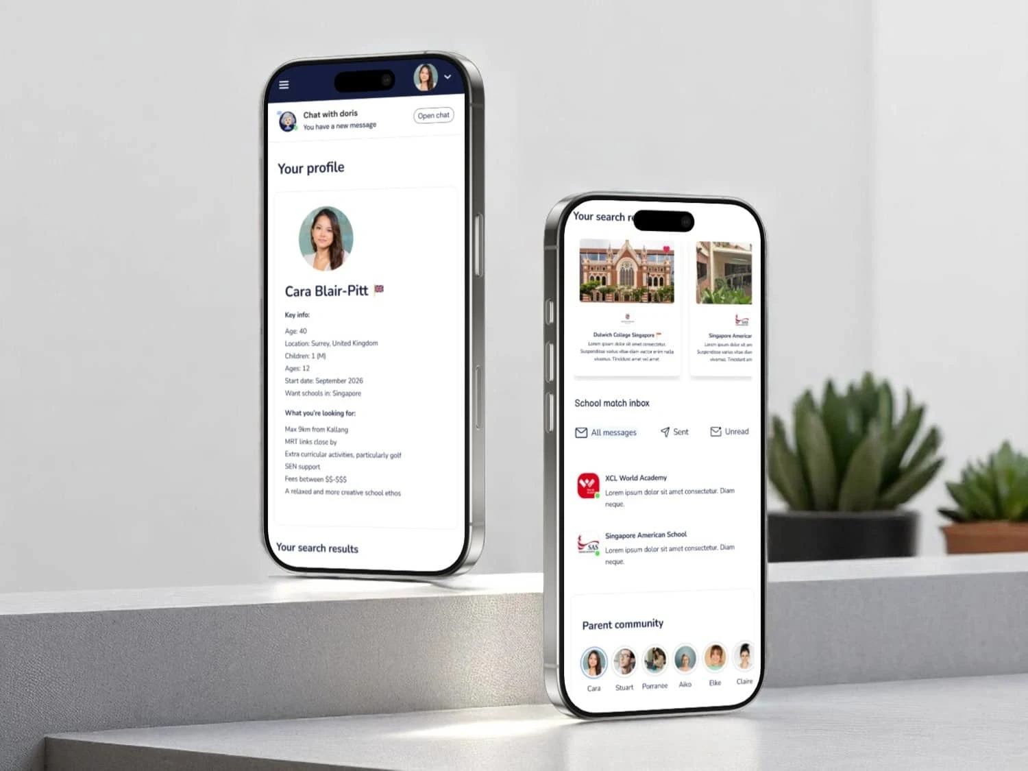 Parent Dashboard – Mobile View
The mobile experience allows parents to view their profile, browse school matches, manage messages, and engage with the parent community — all designed to feel simple, clear, and supportive on the go.