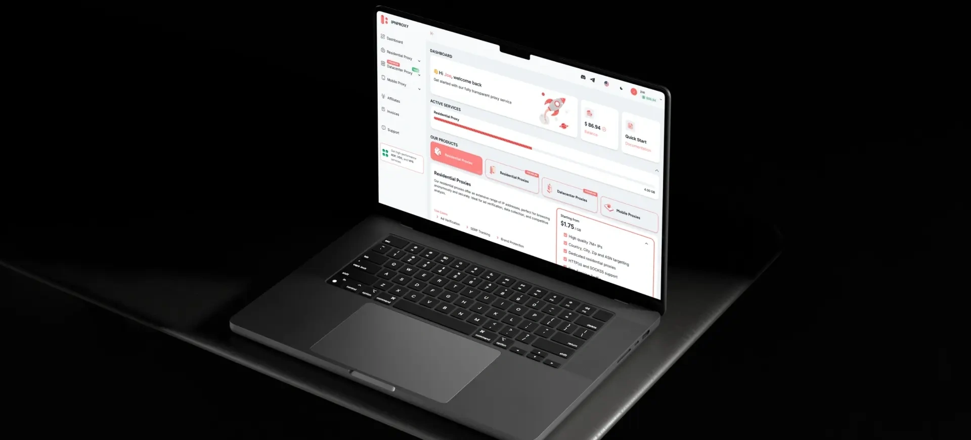 Clean, modern dashboard showing proxy types, active ports, and rotation options.