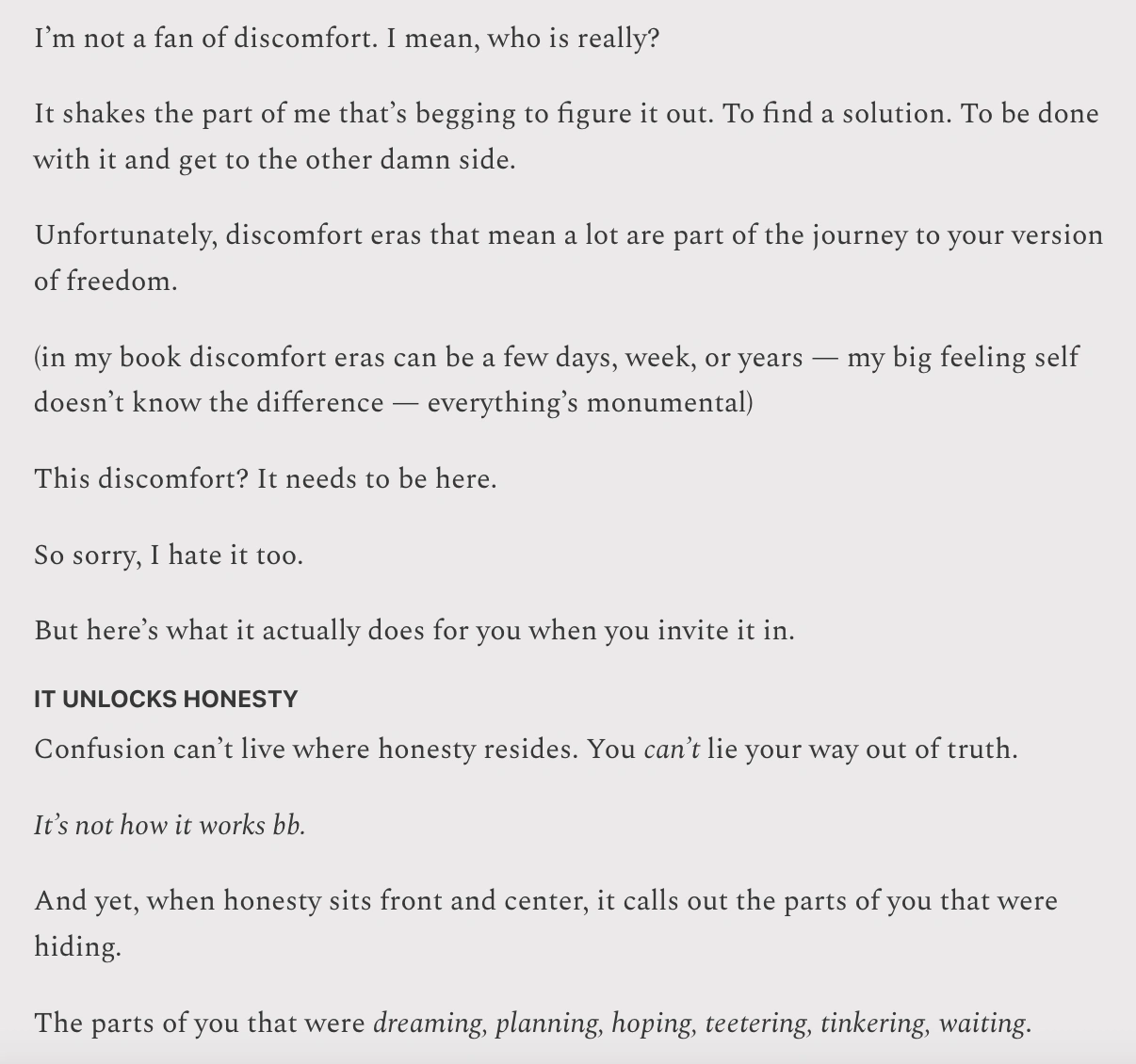 A peek of the essay 'Discomfort Isn't the Winner' at The Cornerstone on Substack, by Ylani Estwick