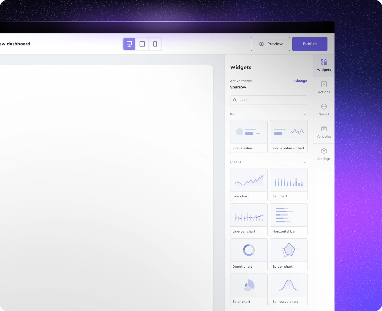 Dashboard builder - All widgets tab active