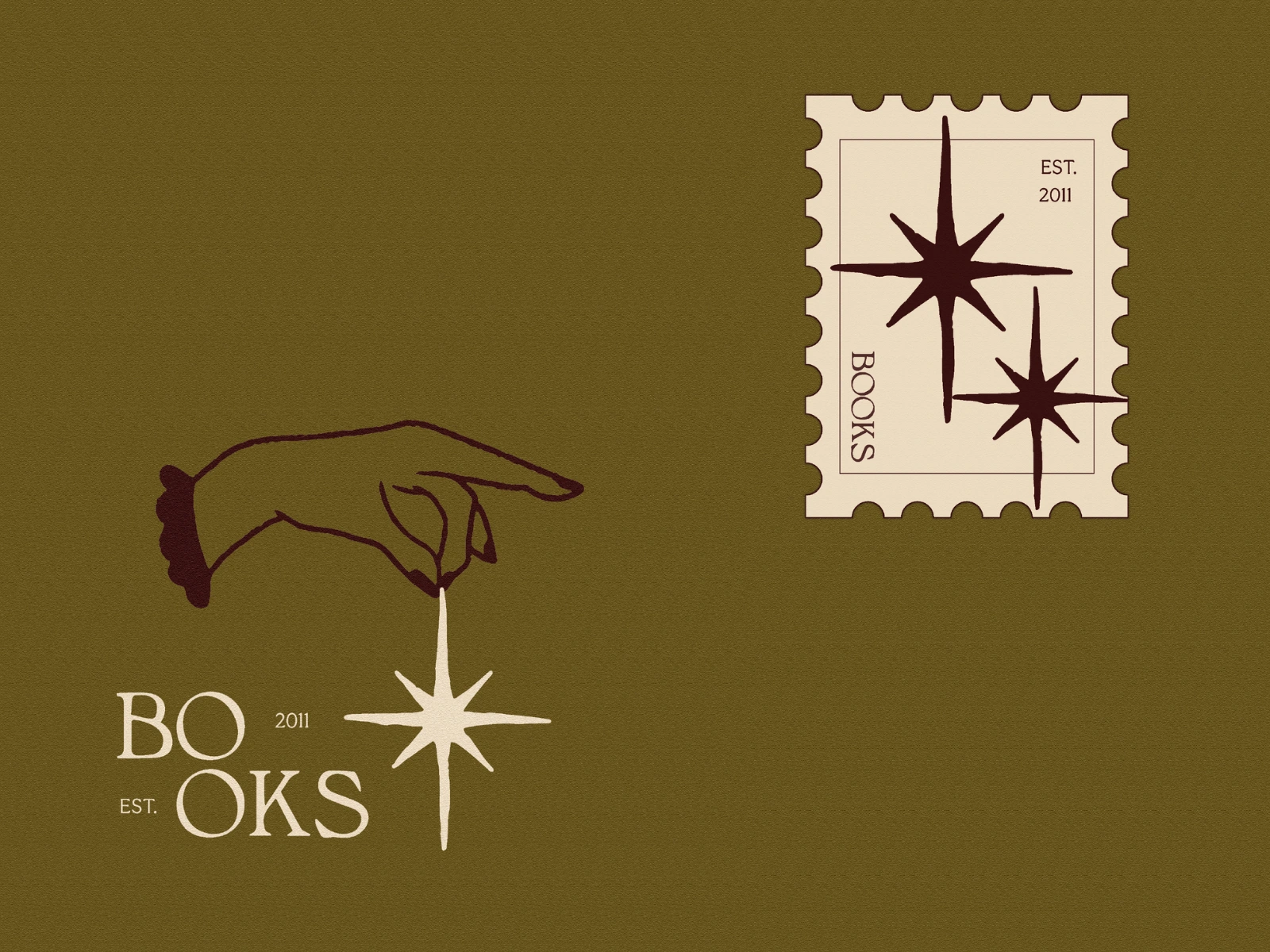 Custom hand-drawn illustrations:
Left: A hand reaching for or holding a sparkle — a symbol of strength and imagination. This illustration pays homage to the expression “Büchernarr” (book fool / bibliophile) and evokes the feeling of getting lost in and with a good book.
Right: A postage stamp-inspired illustration containing sparkles — elements meant to evoke the dark academia aesthetic. The sparkle also represents the historical literary movement of the Enlightenment, tying the visual to both intellectual curiosity and timeless storytelling.