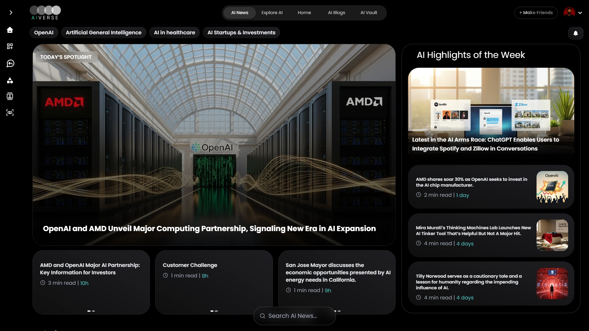 The AI News feed delivers real-time updates, community highlights, and trending launches, keeping users informed about the latest in artificial intelligence innovation.