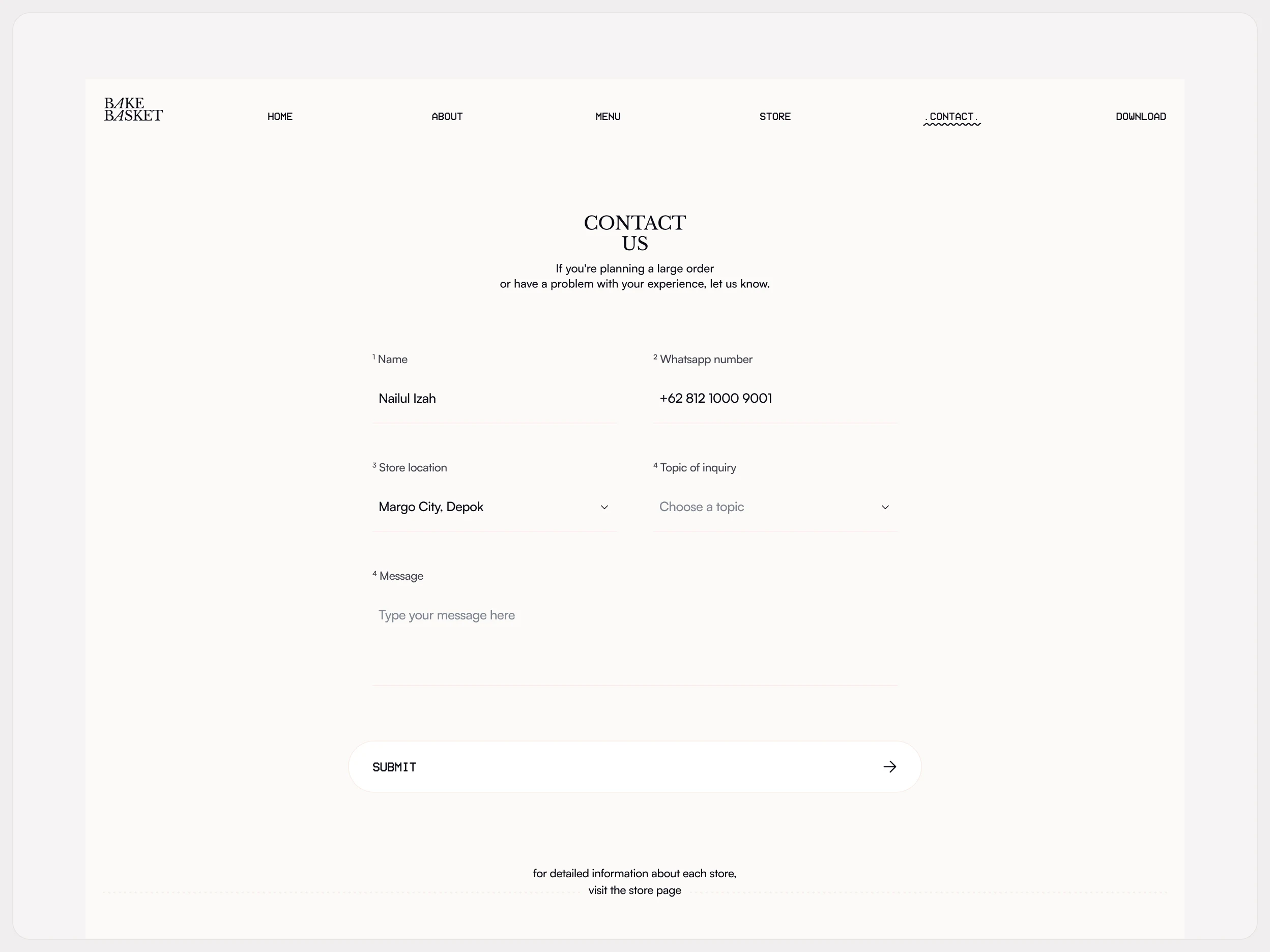 Contact Page of Bake Basket’s Website