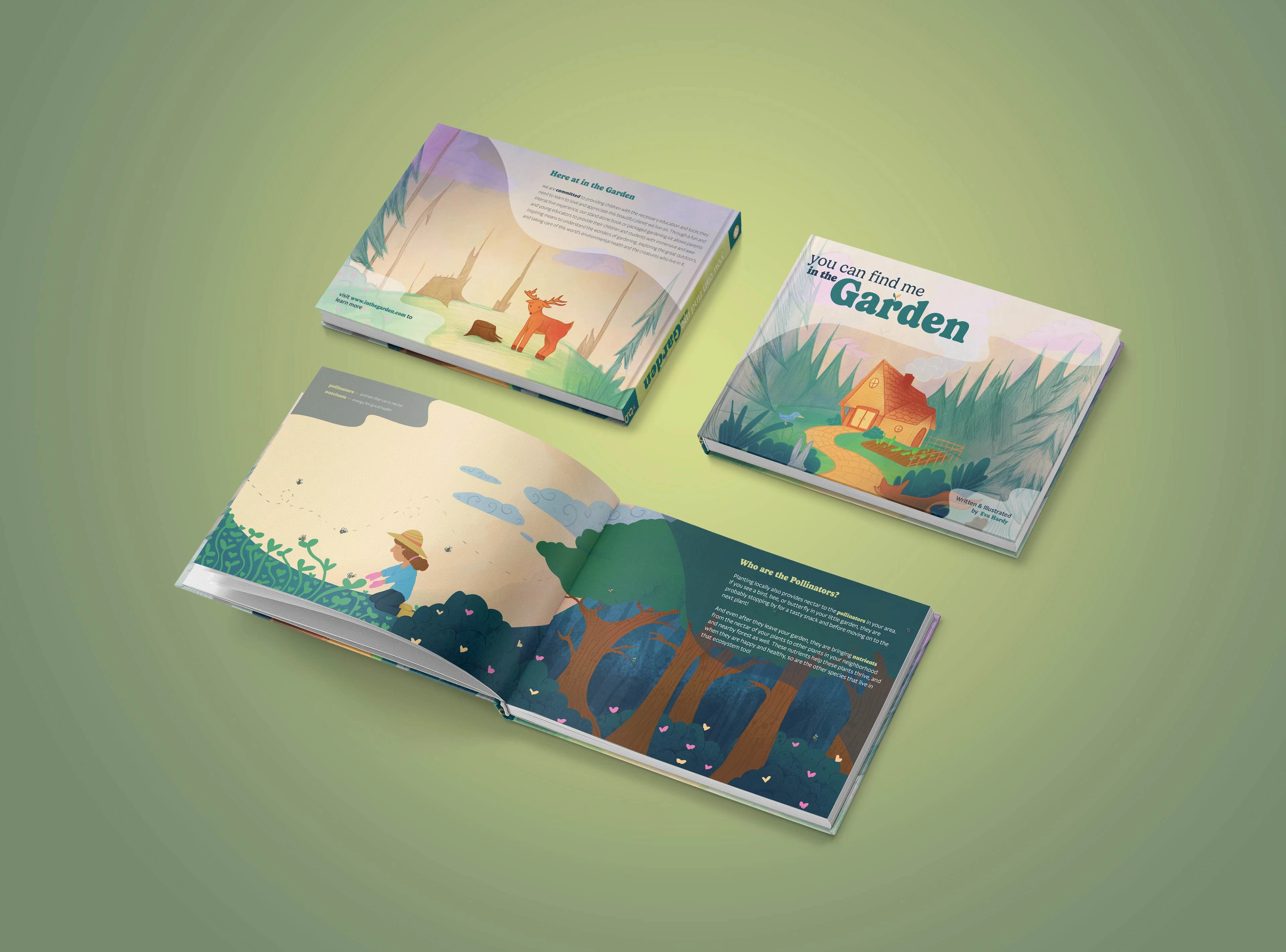 Mockup featuring front and back covers, and an illustrated spread
