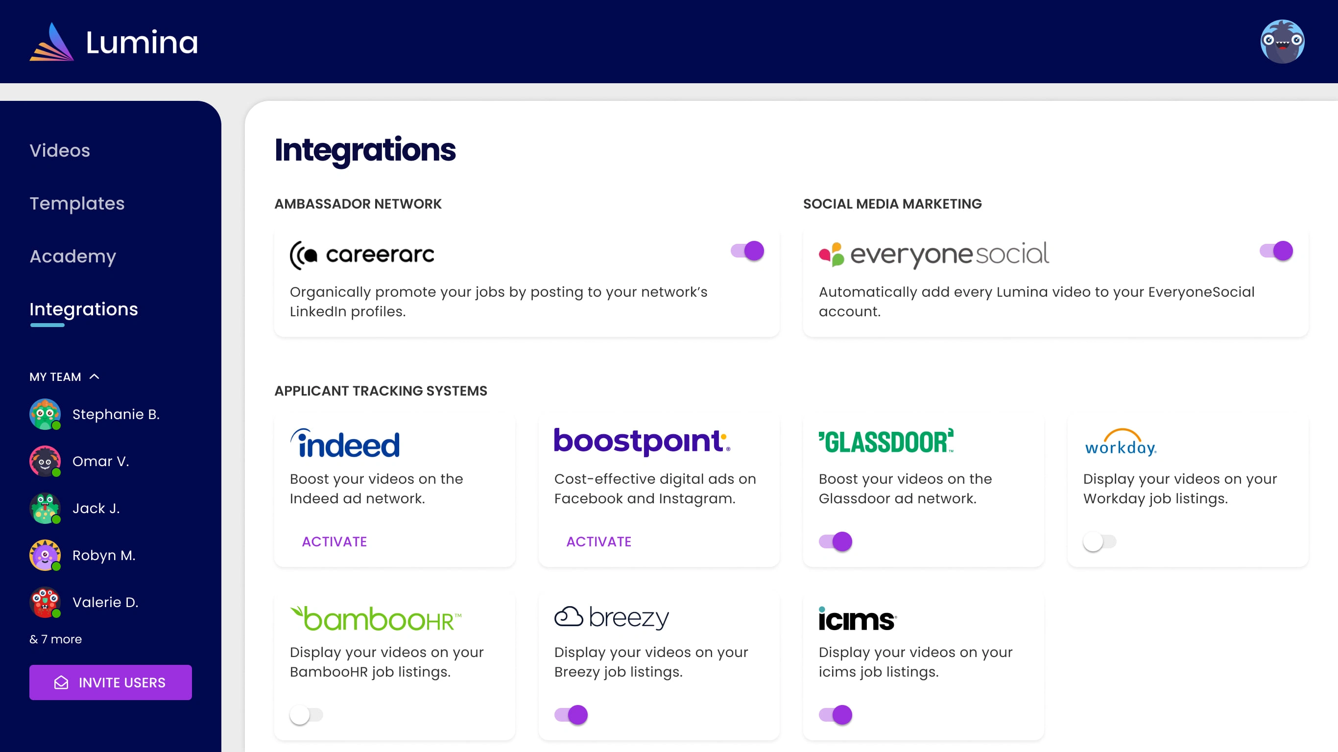 Customers can activate and toggle third party integrations for additional video distribution channels.