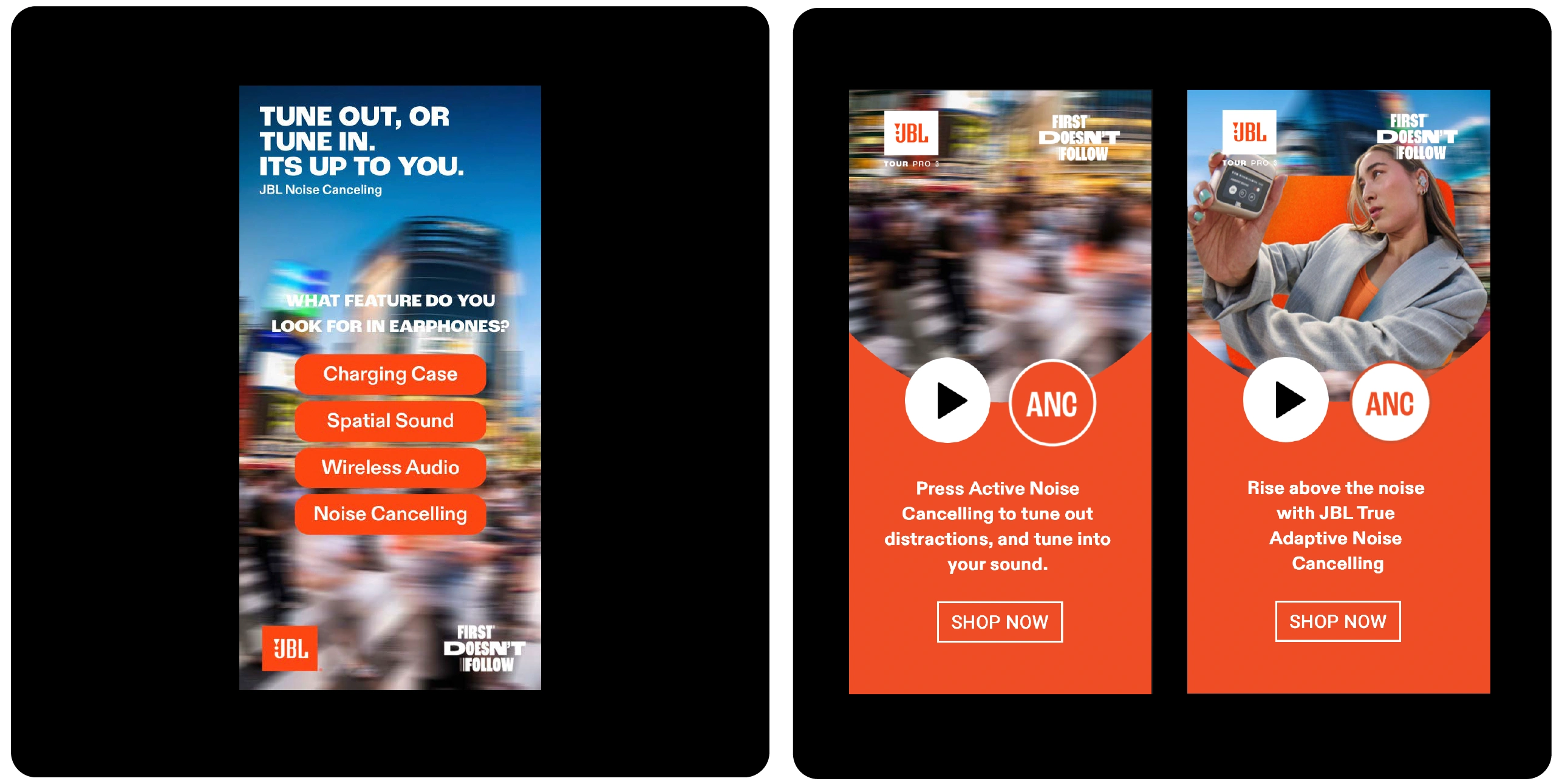 The first concept lets users choose their favorite earphone feature, while the second simulates real use—allowing interaction with noise cancelling, play, and pause for an immersive ad experience.