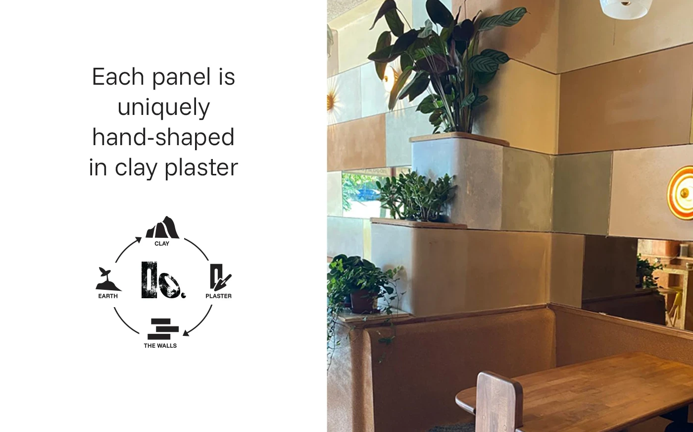 Clay & Bean café interior with hand-shaped clay plaster wall panels and integrated planters for greenery