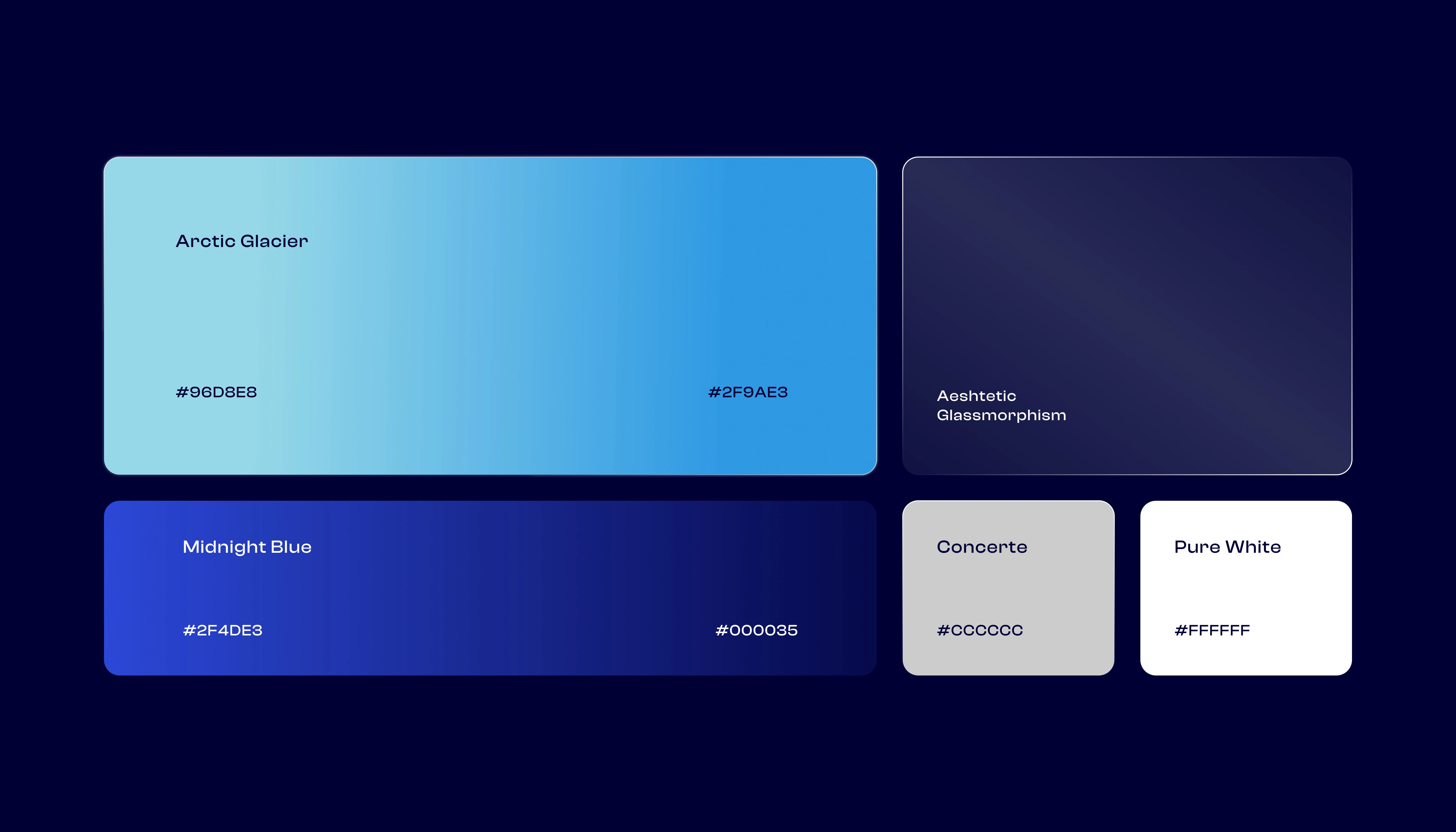 The Aurea color palette blends a glassy gradient blue to represent transparency, intelligence, and innovation with a deep navy tone that conveys trust, stability, and professionalism, balanced by white and light neutrals that bring clarity, openness, and a premium feel creating a modern yet timeless visual harmony.