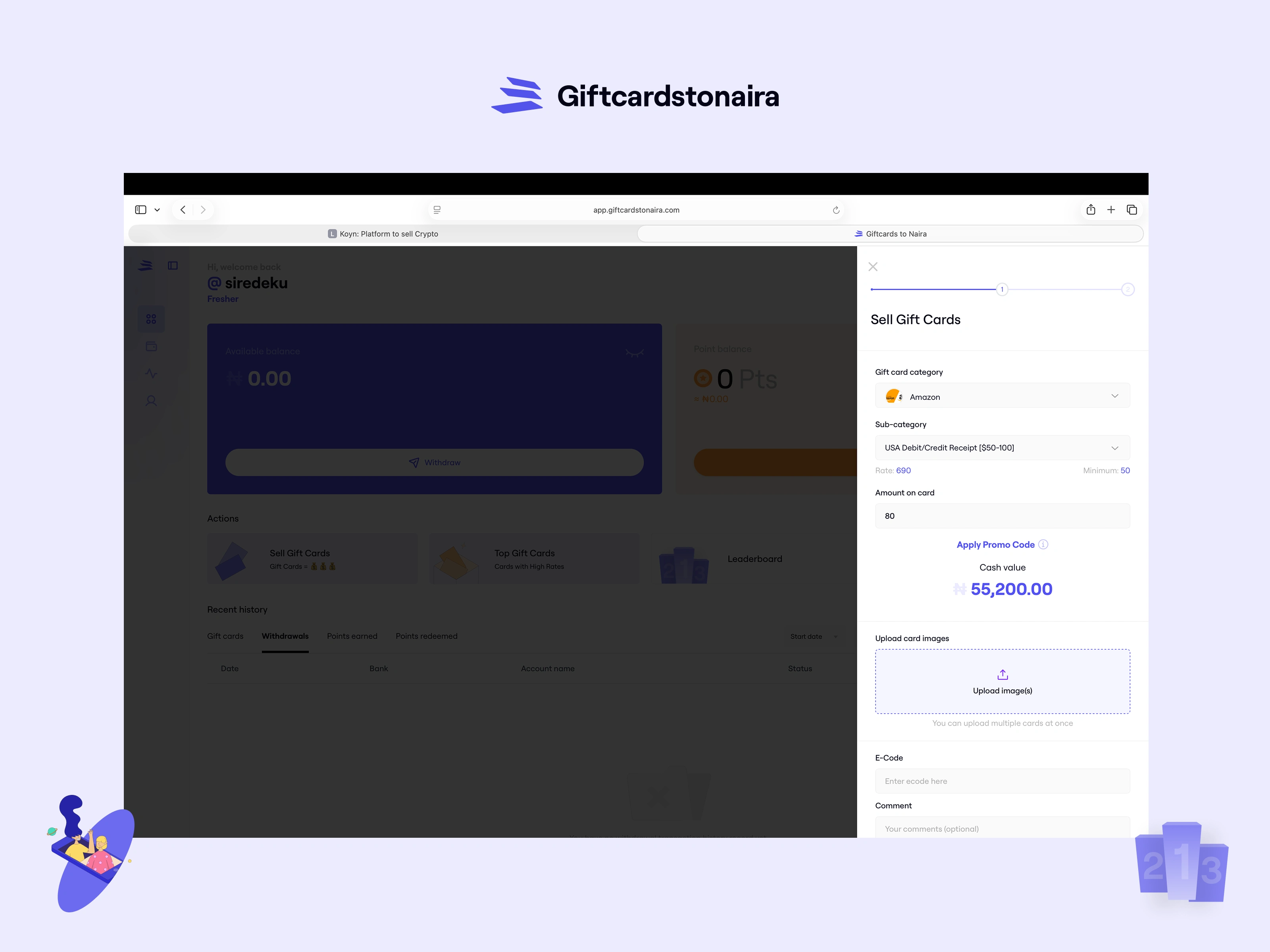 "Sell Gift Card" interface showing the multi-step form, card category selection, and real-time rate calculator.
