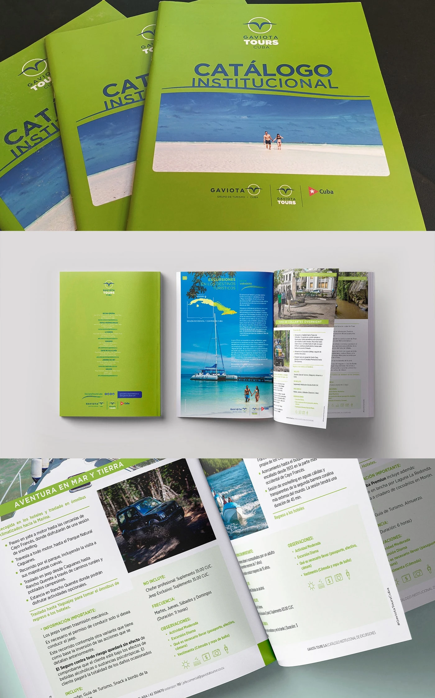 Gaviota Tours Institutional Catalog — a vibrant, info-rich guide to Cuba’s top excursions. From beach getaways to jungle jeeps, it’s your all-in-one travel companion in bold green and blue.