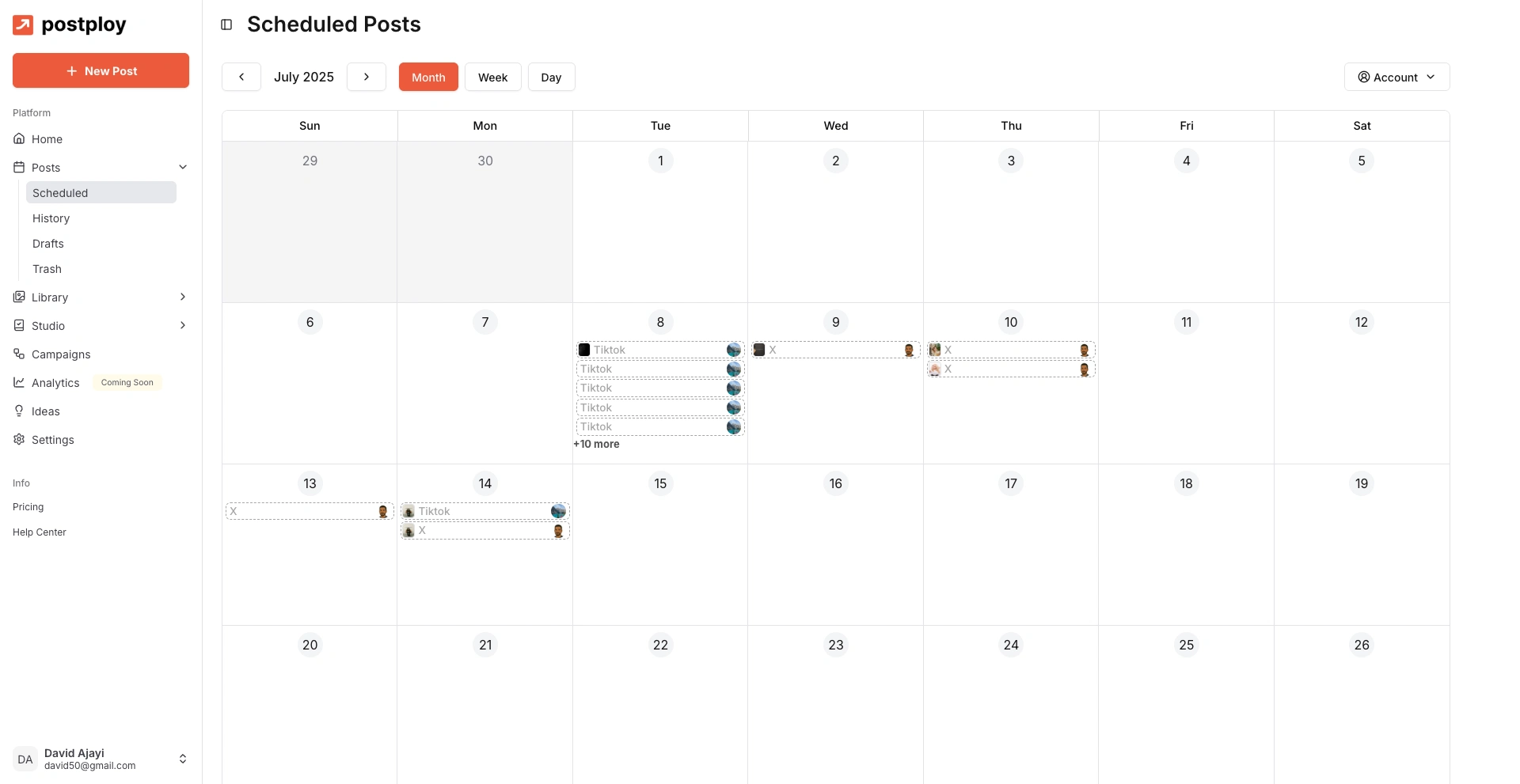 Calendar showing scheduled posts