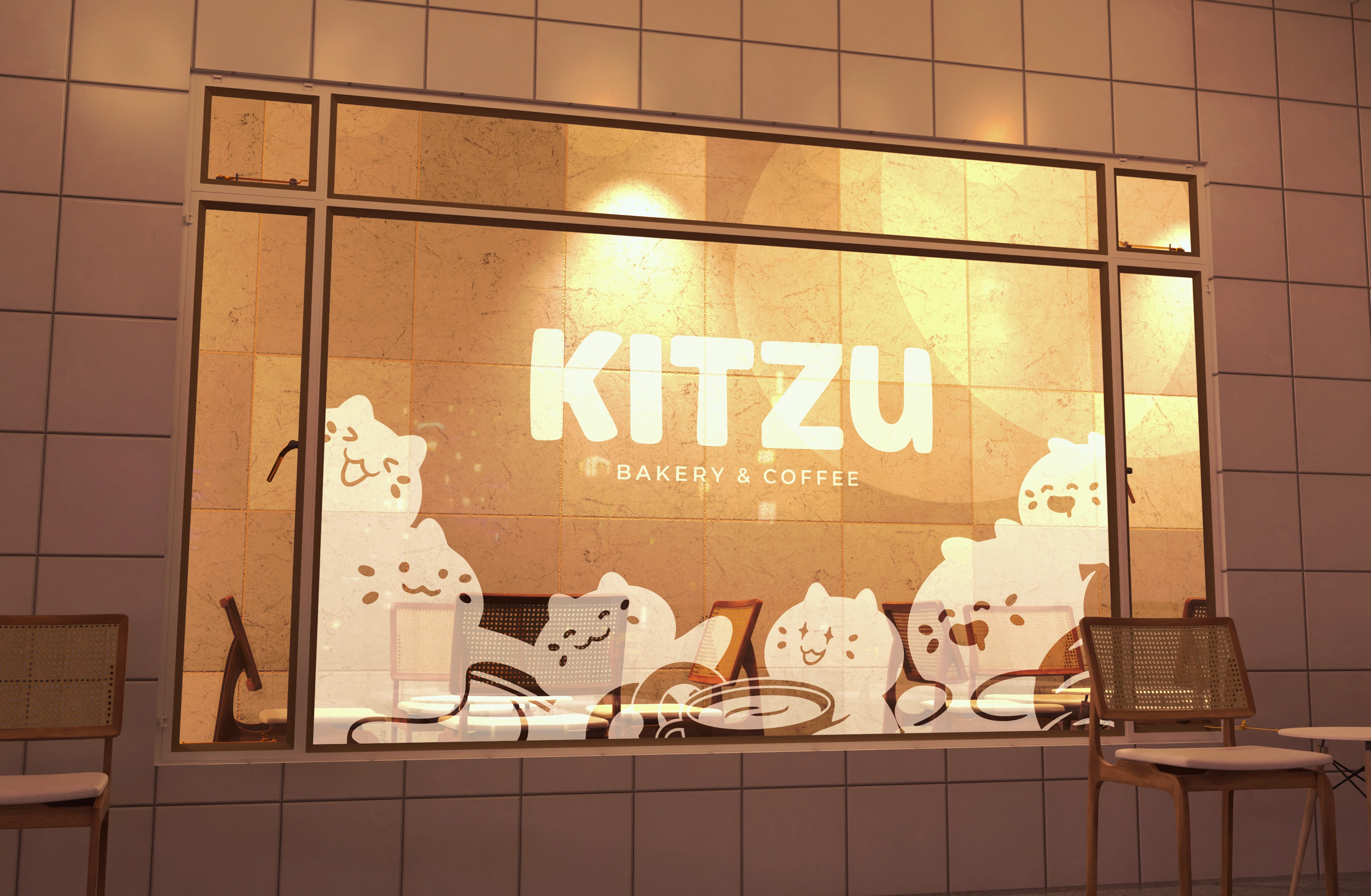 Exterior storefront of Kitzu Bakery & Coffee with playful cat window illustrations.
