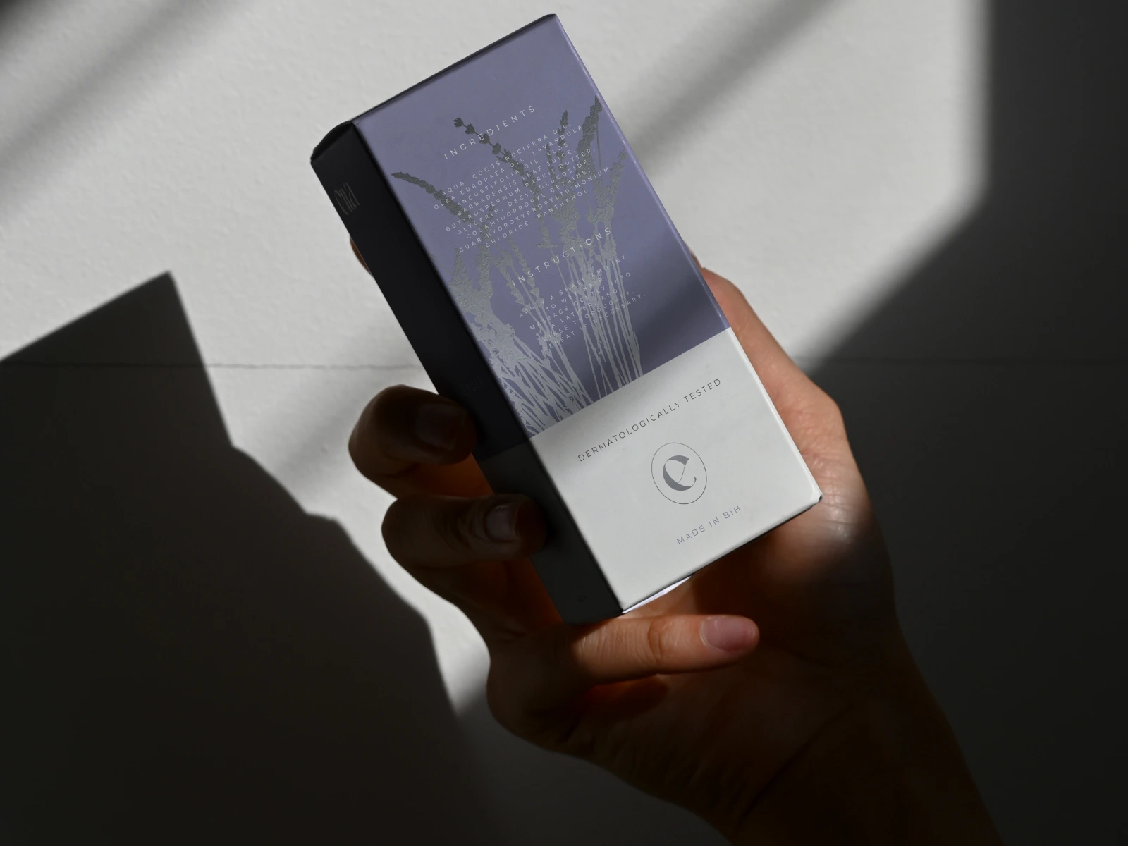 Vertical box for the lavender product. Again, embossed in silver foil.