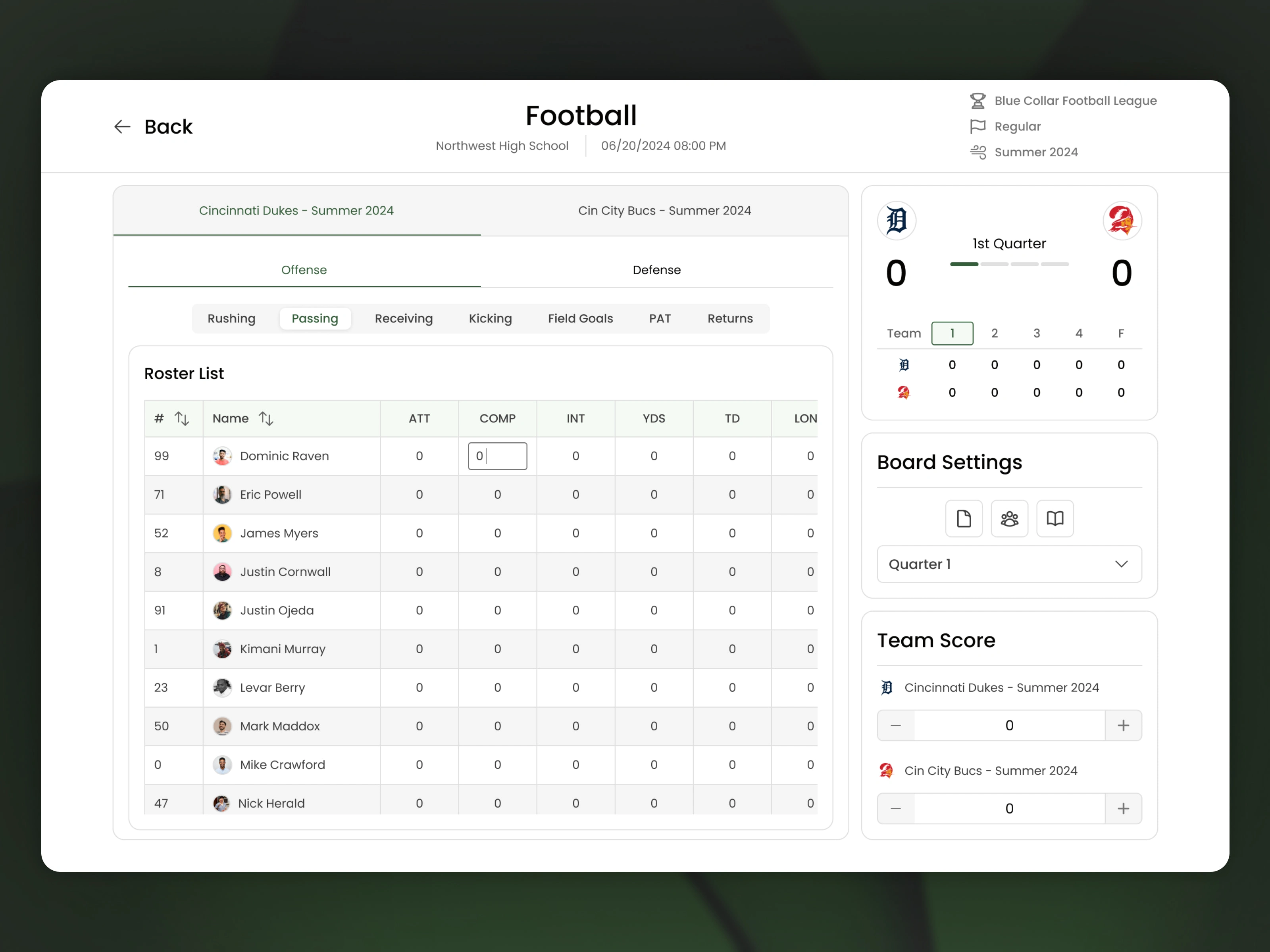 Football Board Page - Box Score