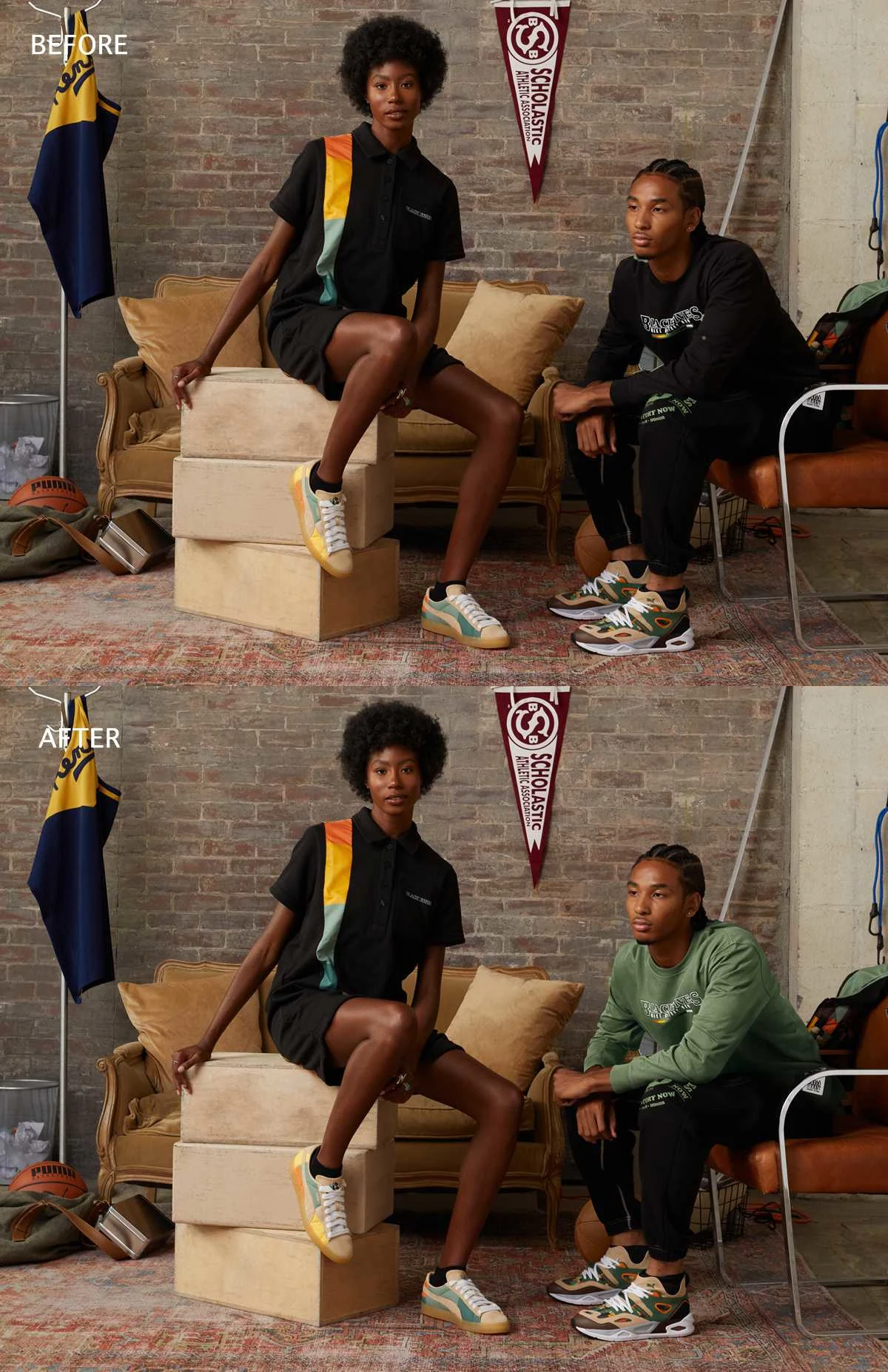 Client required the male's shirt to be changed from black to green.