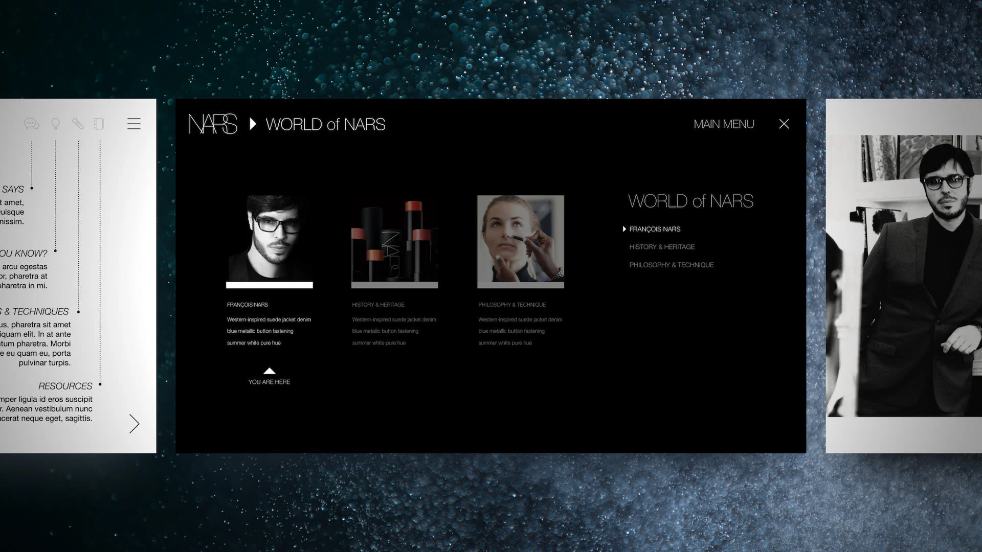 NARS Cosmetics World of NARS main menu interface showing three learning modules: François Nars founder portrait, History & Heritage product imagery, and Philosophy & Technique makeup application photo with dark navigation panel on textured blue background.