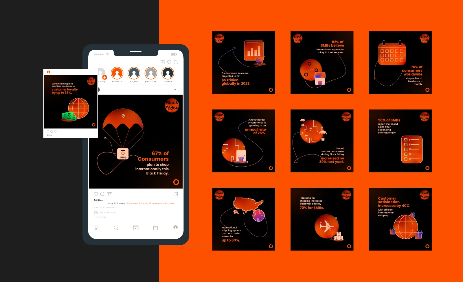 Campaign visuals focused on communicating key shipping functions through metaphors, bold color framing, and clean line illustrations. Custom Iconography for dedicated visual campaigns keeping in mind the brand color yet making it interesting.