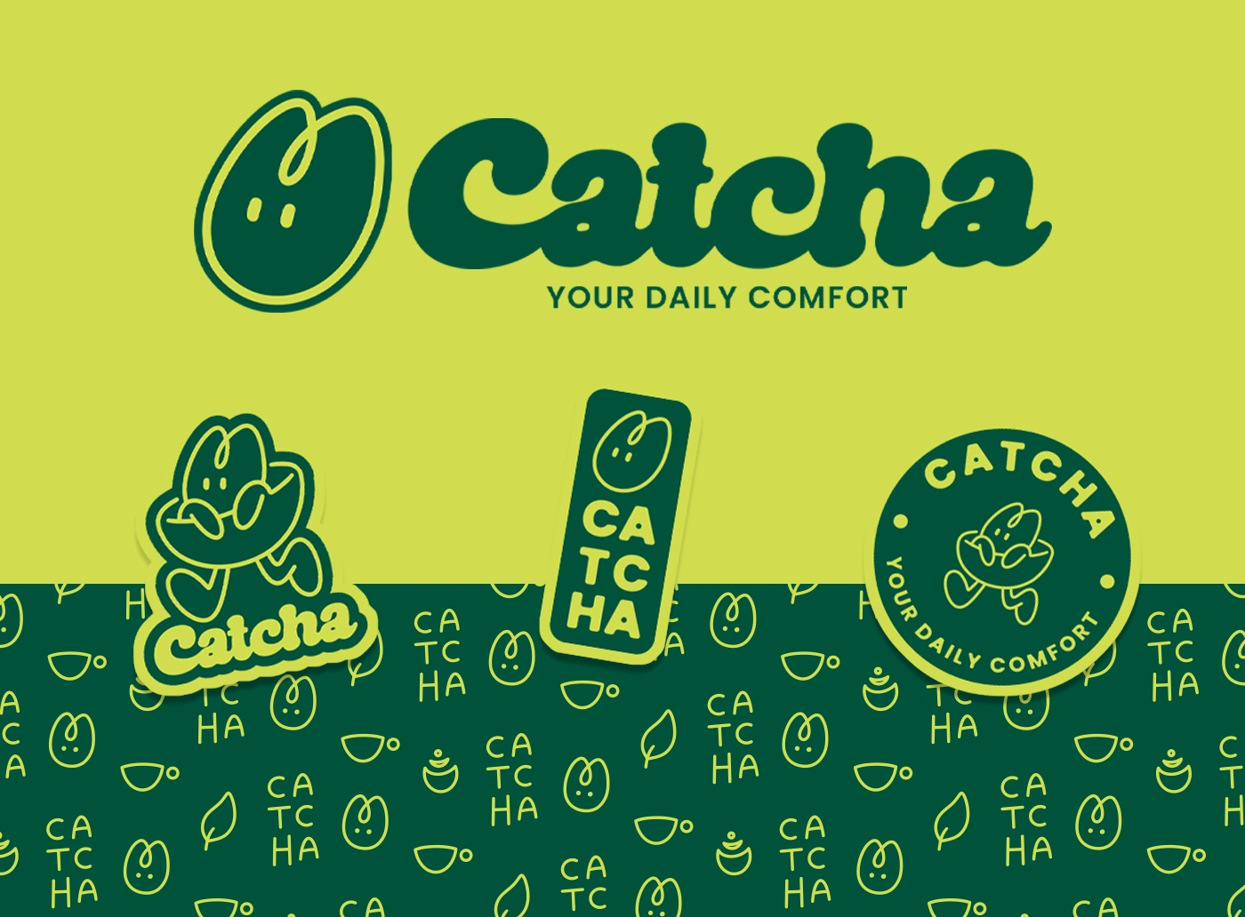 Playful matcha branding with cute mascot logo, green pattern, and modern brand identity.