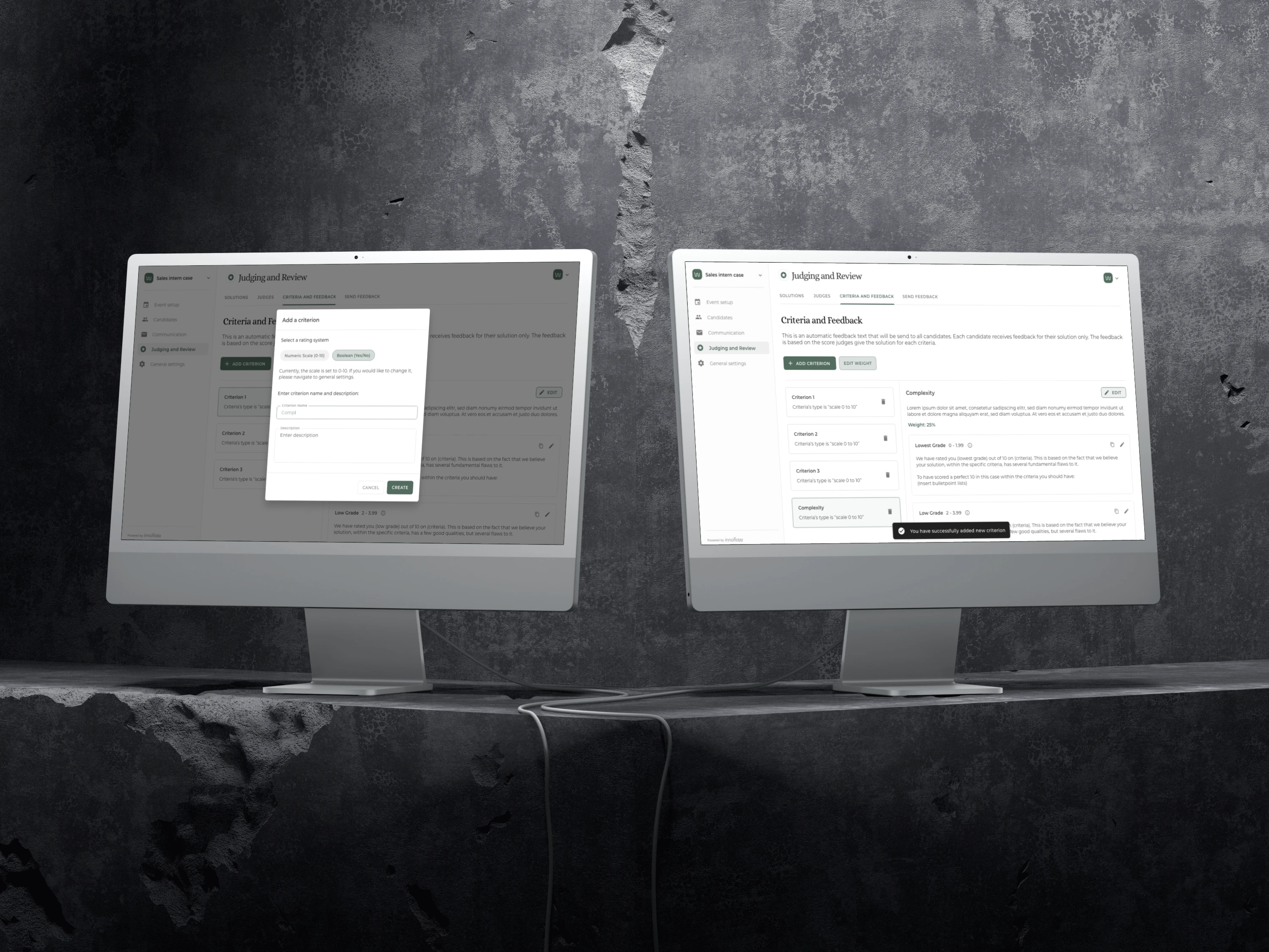 Judging and Criteria screens
