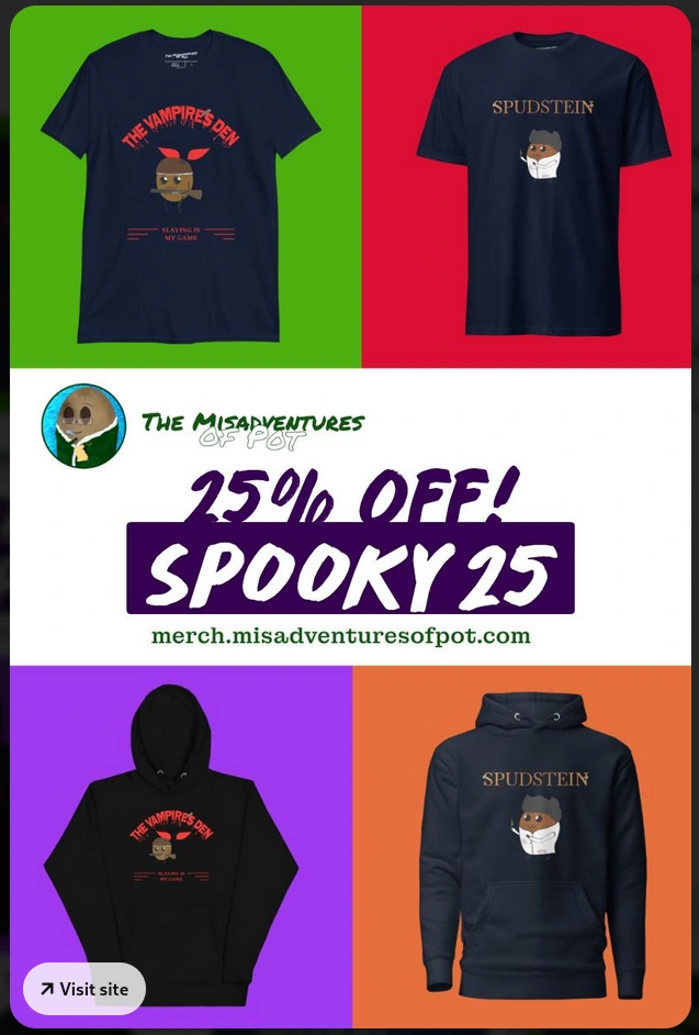 Pin for Halloween themed merch and coupon code.