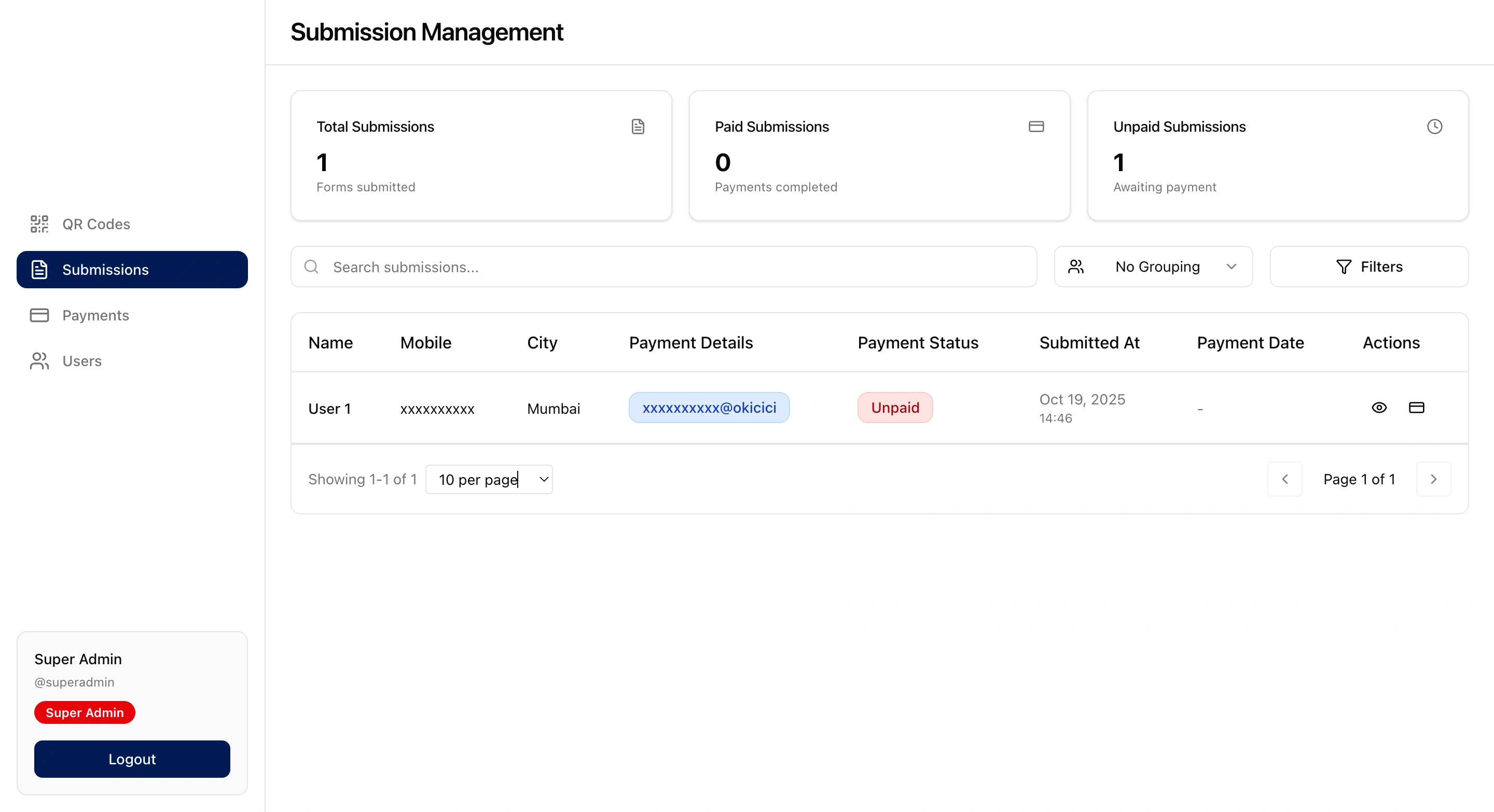Dashboard | Admin | QR submissions