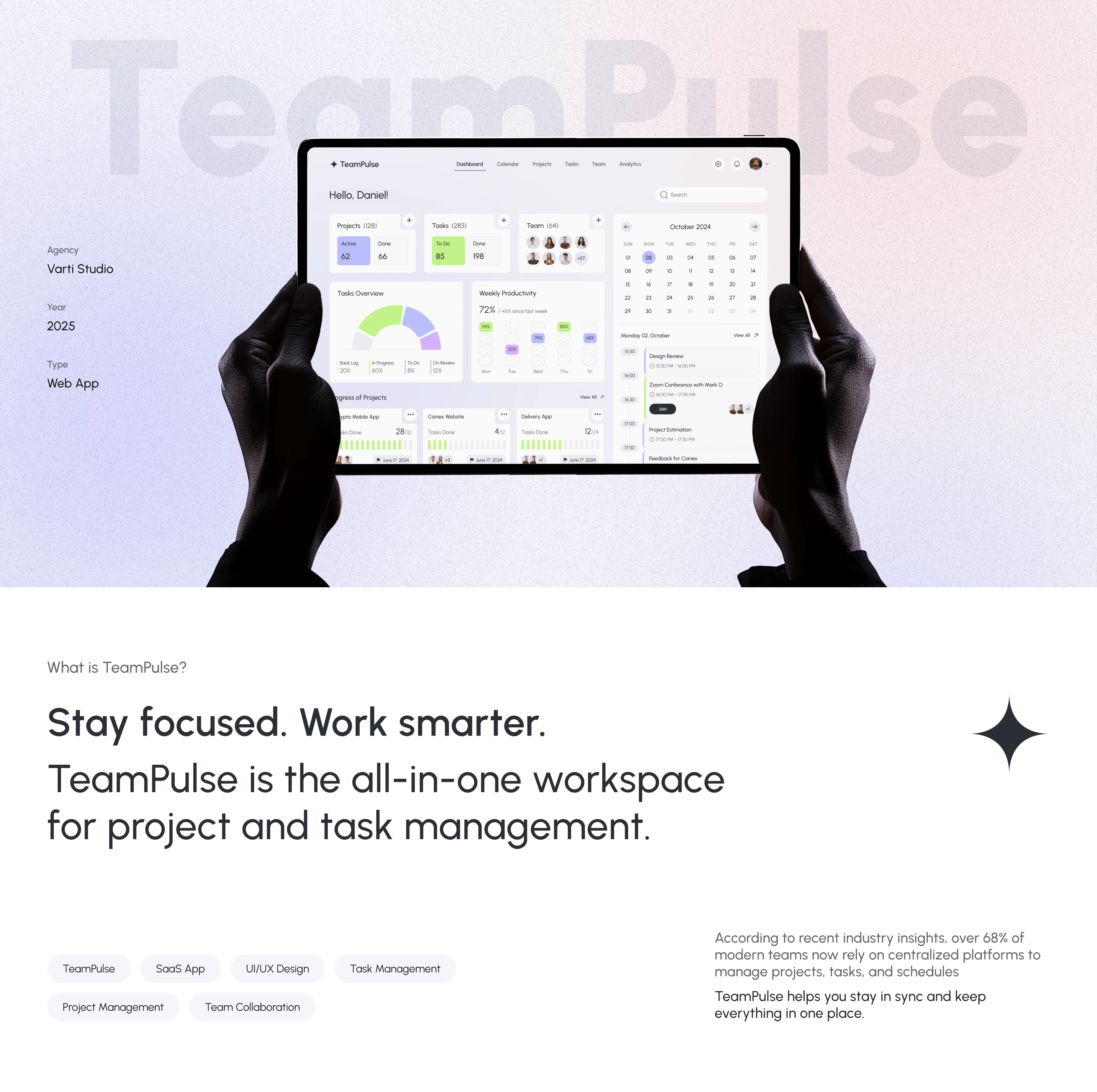 This screen introduces TeamPulse, a platform built to simplify and improve team collaboration.
