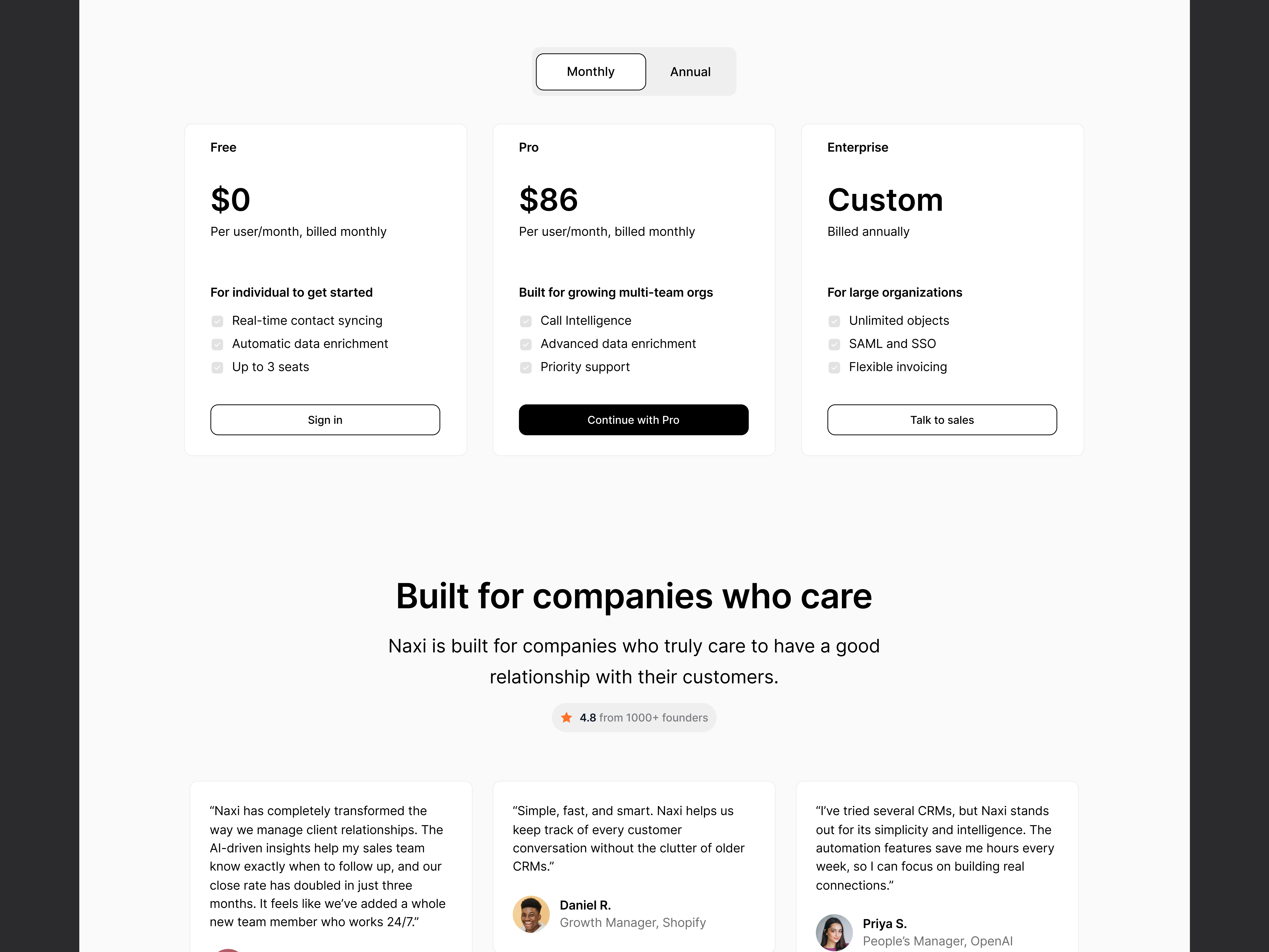 Pricing section